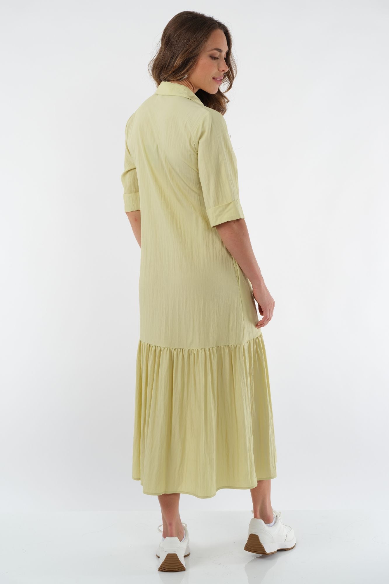 LIOR Women's Long Collar Lime Dress With Button V-Neck - "Vega"