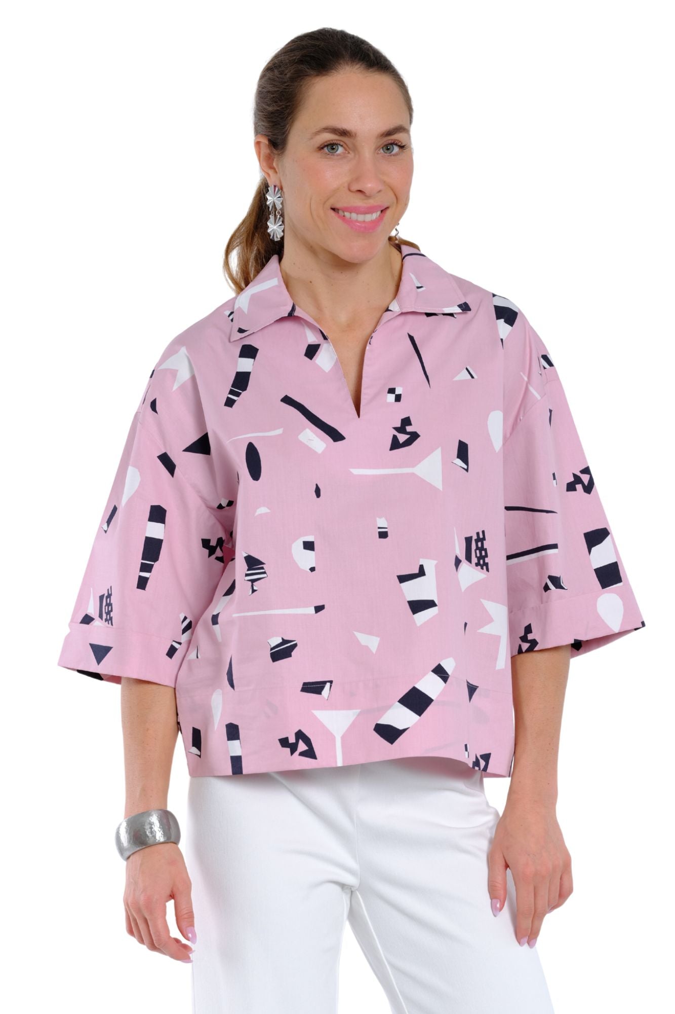 LIOR Crimson women’s printed top in pink with geometric design