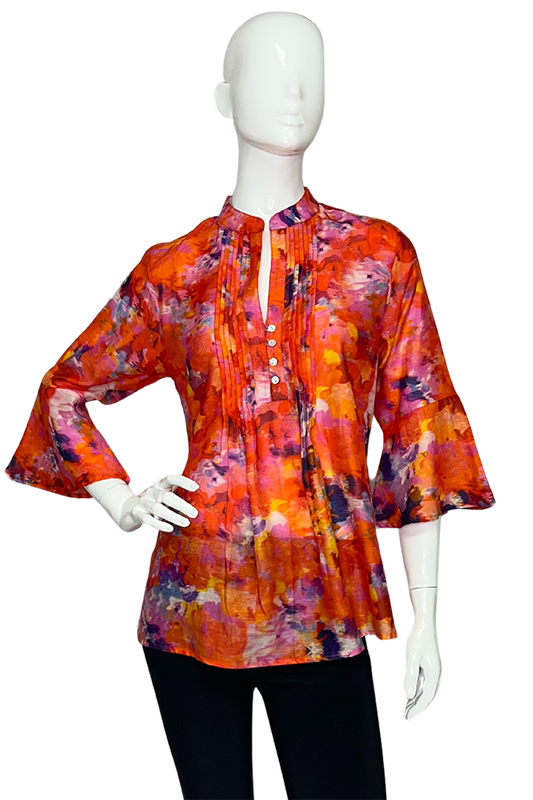 Lior Top Orange Multi Button Up 3/4 Sleeves Blouse