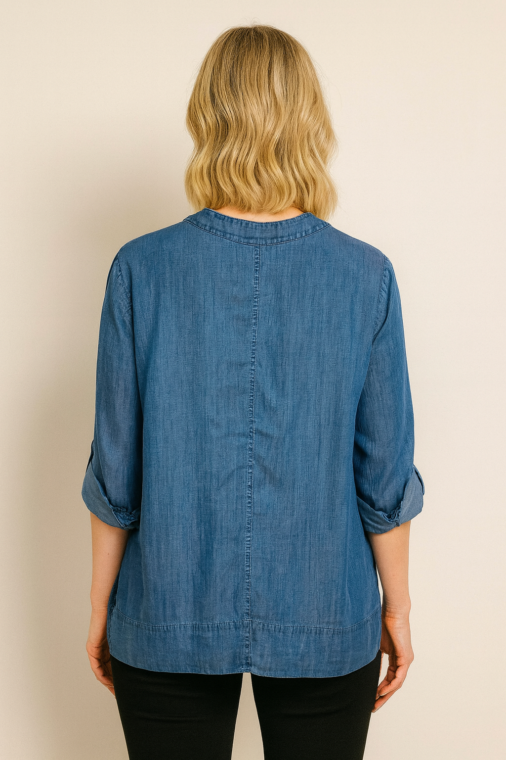 Lior Women's 3/4 Denim Tunic Blouse With Roll Tabs