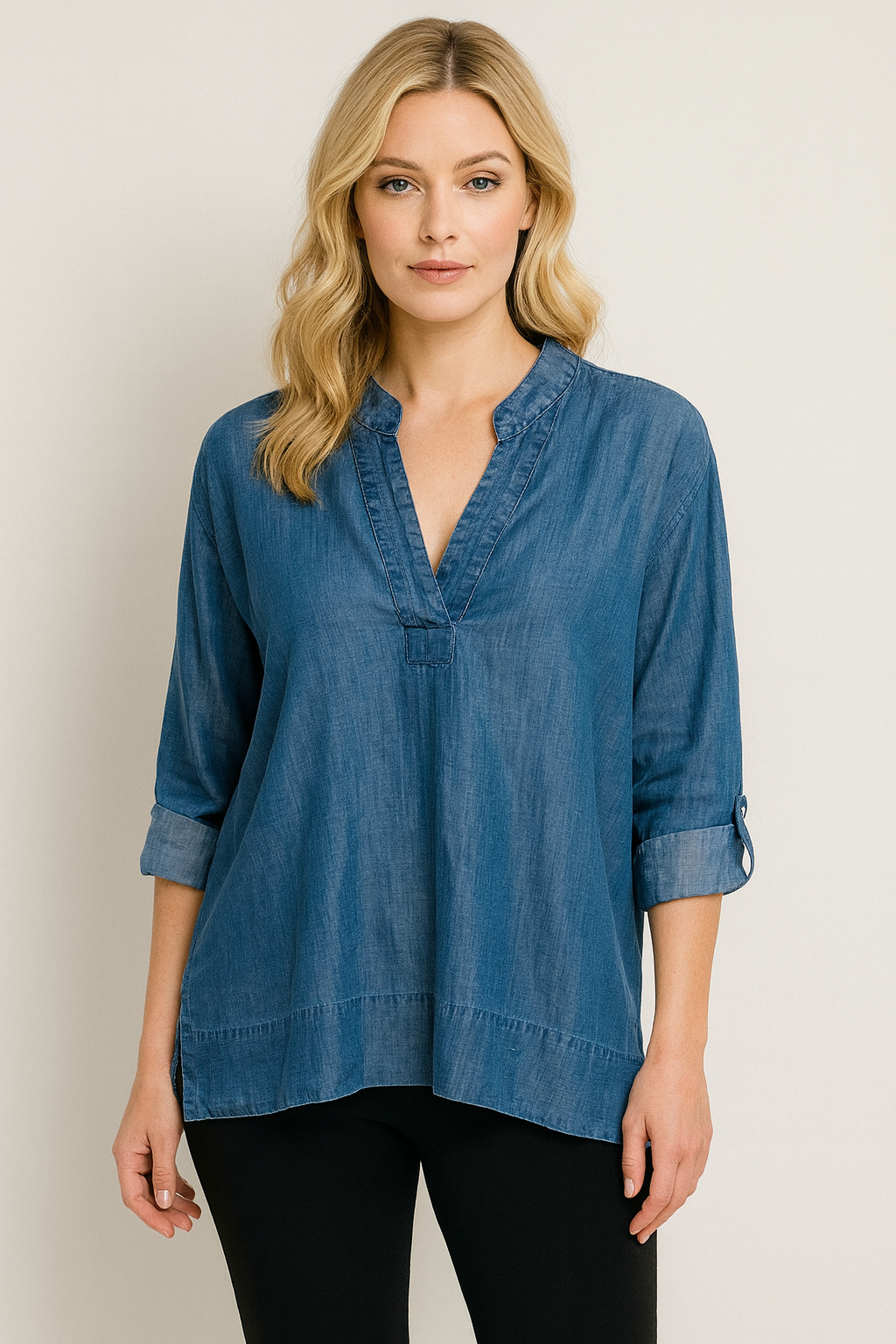 Lior Women's 3/4 Denim Tunic Blouse With Roll Tabs