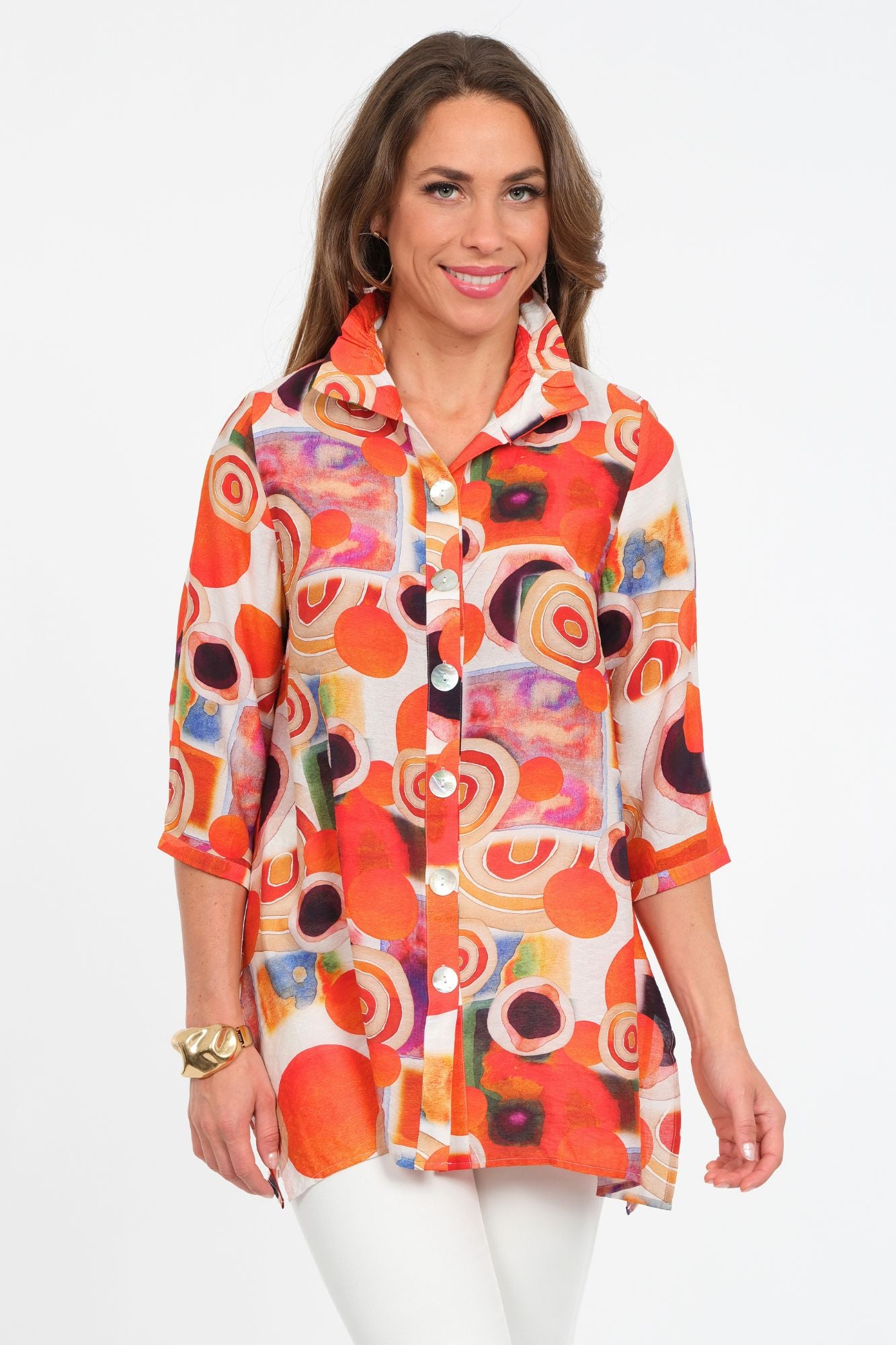 Women's  Multi Abstract Stand Up Wire Collar Tunic Blouse Detailed Buttons - "Dora"