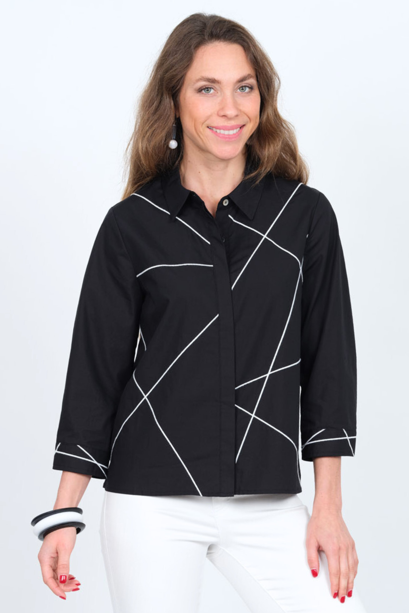 LIOR Women's Cotton Collar Black Shirt Blouse 3/4 Sleeves - "Elaine"