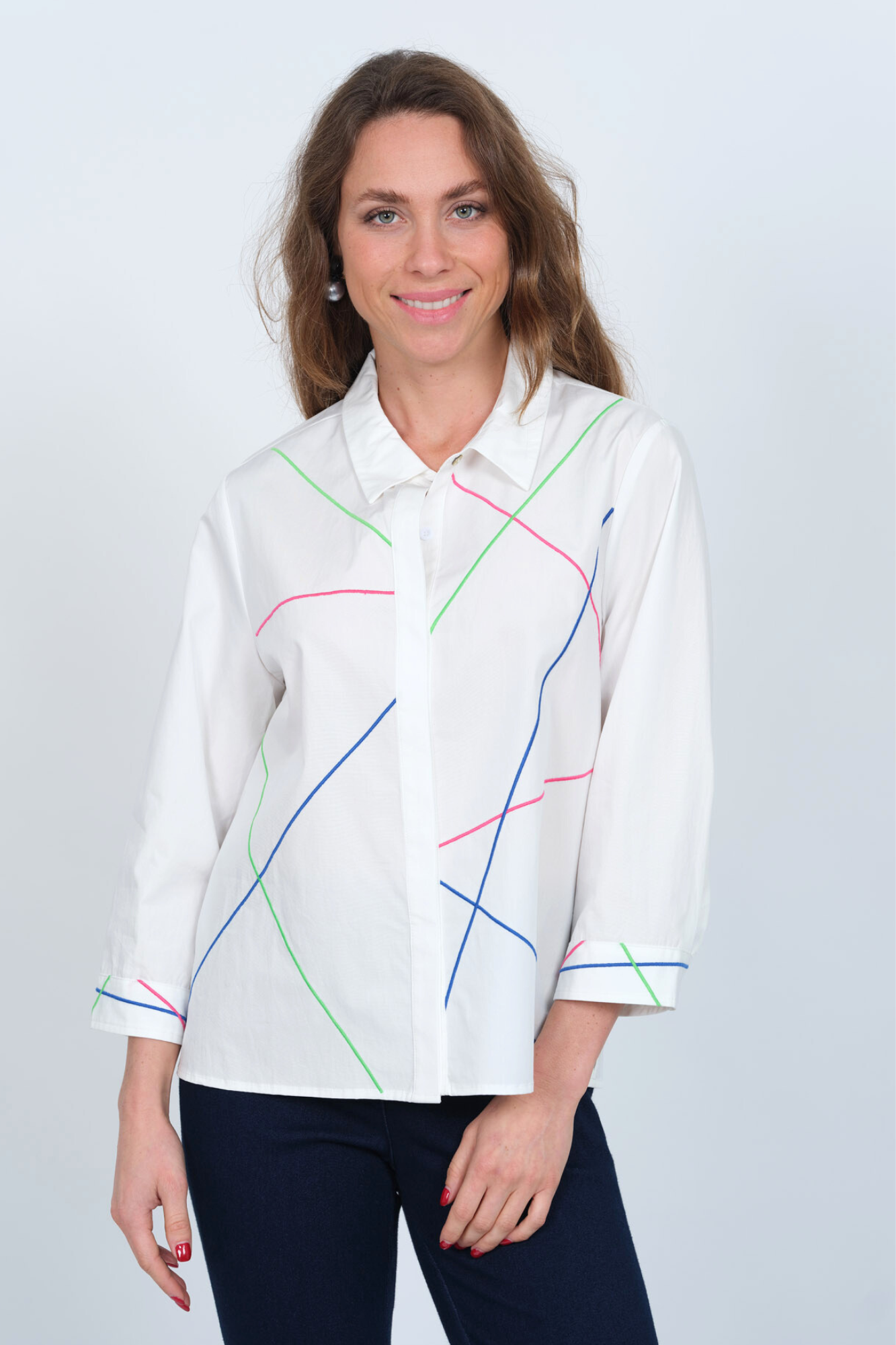 LIOR Women's Cotton Collar White Rainbow Striped Shirt Blouse 3/4 Sleeves - "Elaine"