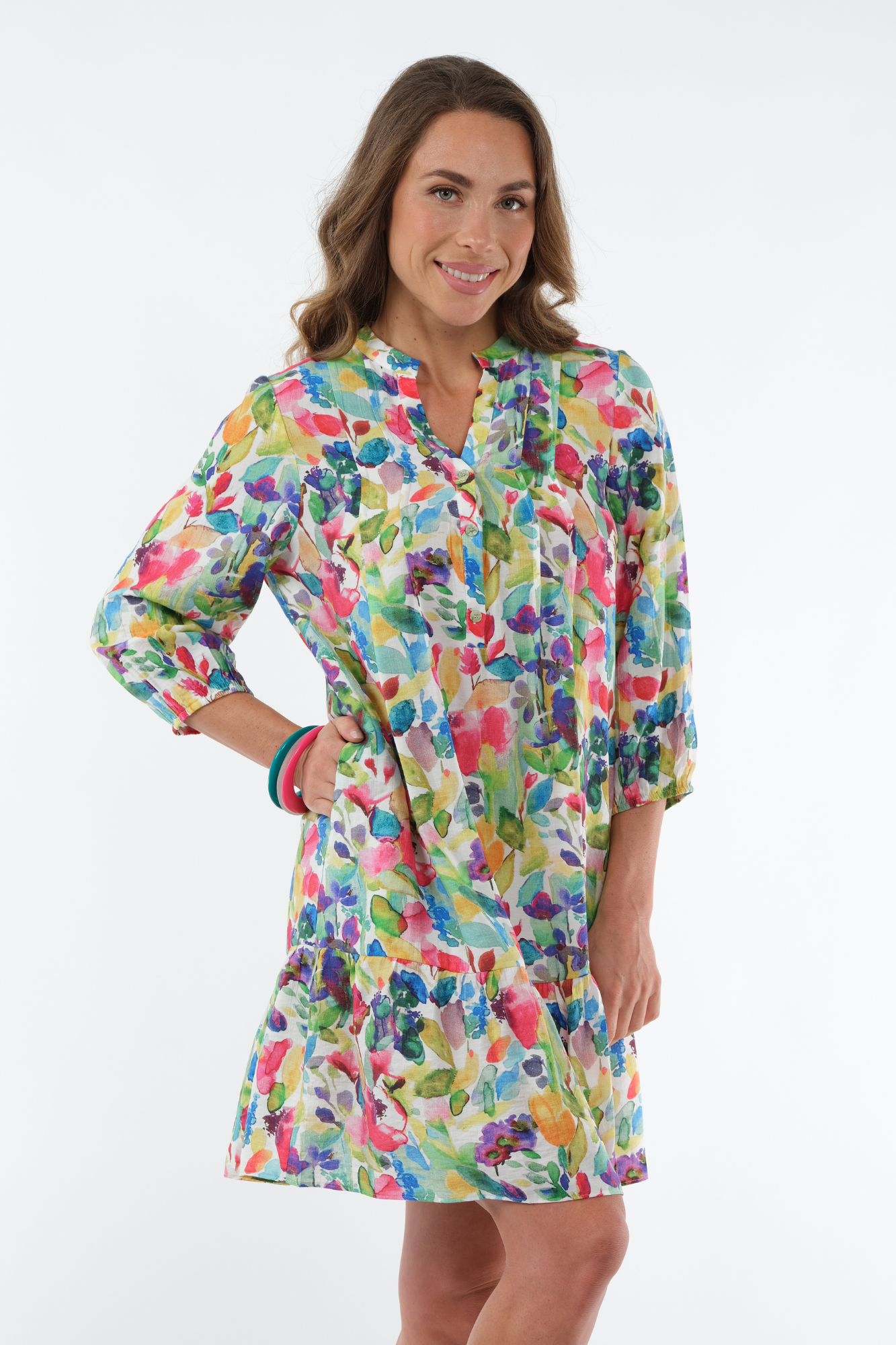LIOR Women's Bright Multi Floral Knee Length Dress With 3/4 Sleeves - "Vita"