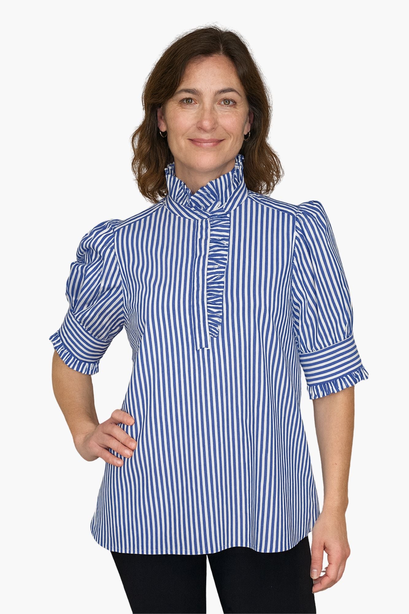 Lior Women's Blue & White Striped Ruffle Collar Blouse
