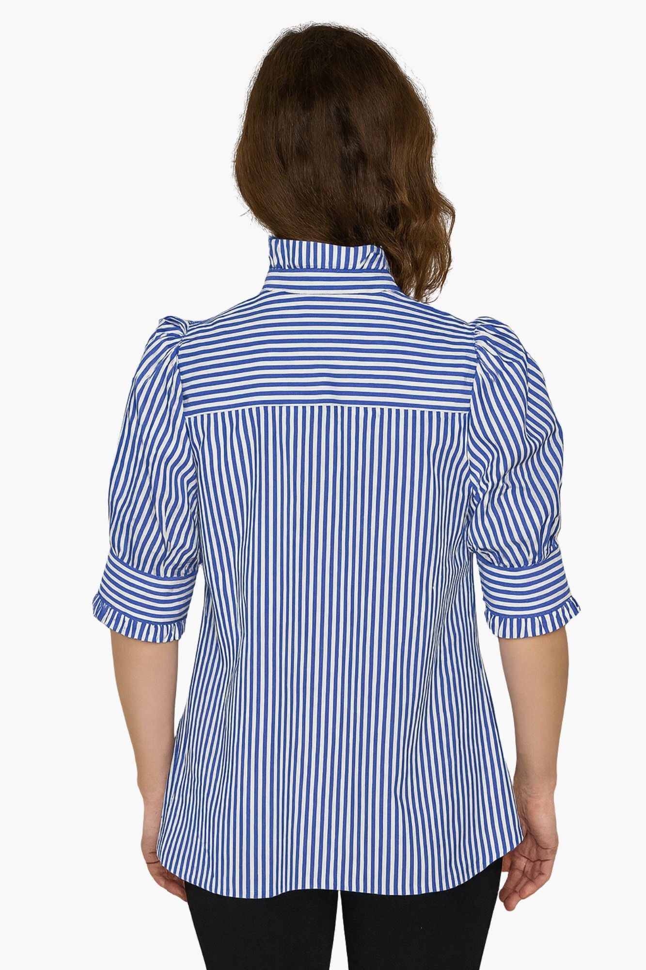 Lior Women's Blue & White Striped Ruffle Collar Blouse