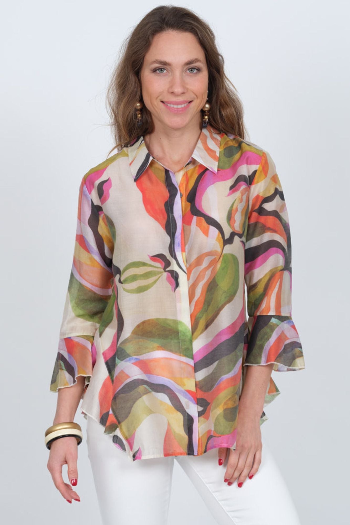 LIOR Women's Pink Multi Print Blouse With 3/4 Flowy Sleeves & Side Flounce - "Happy"