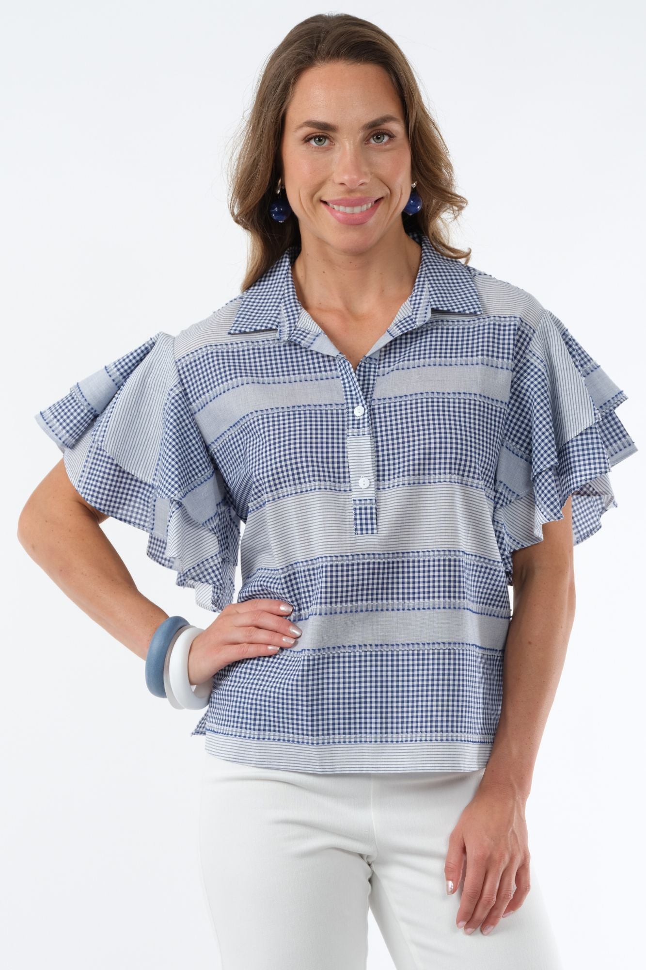 Women's Soft Blue Stripped Ruffle Flounce Sleeve Top - Harmony