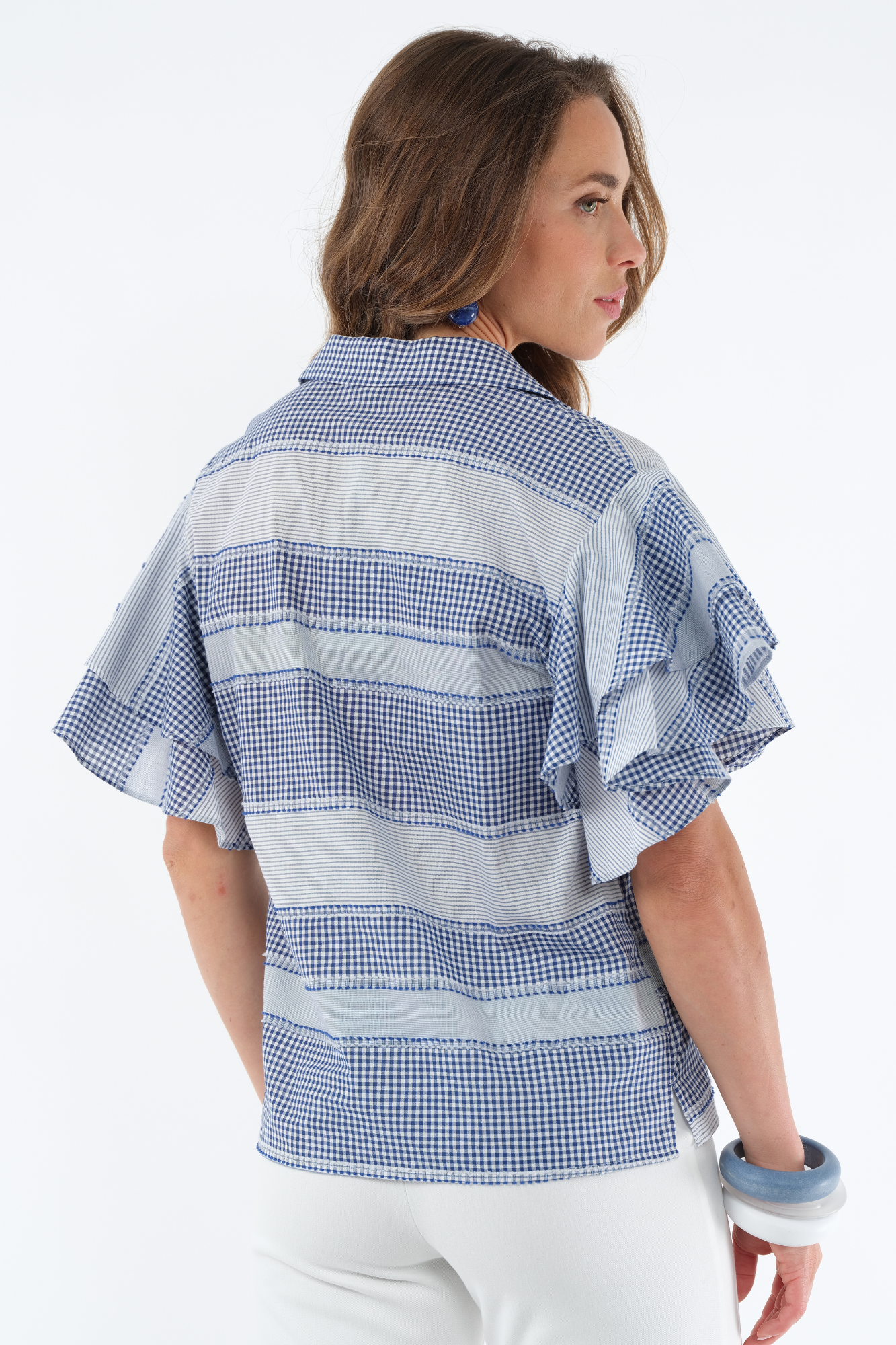 Women's Soft Blue Stripped Ruffle Flounce Sleeve Top - Harmony