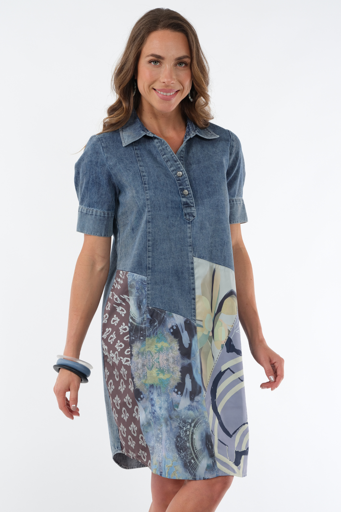 Women's Patchwork Midi Jean Short Dress  - Rina