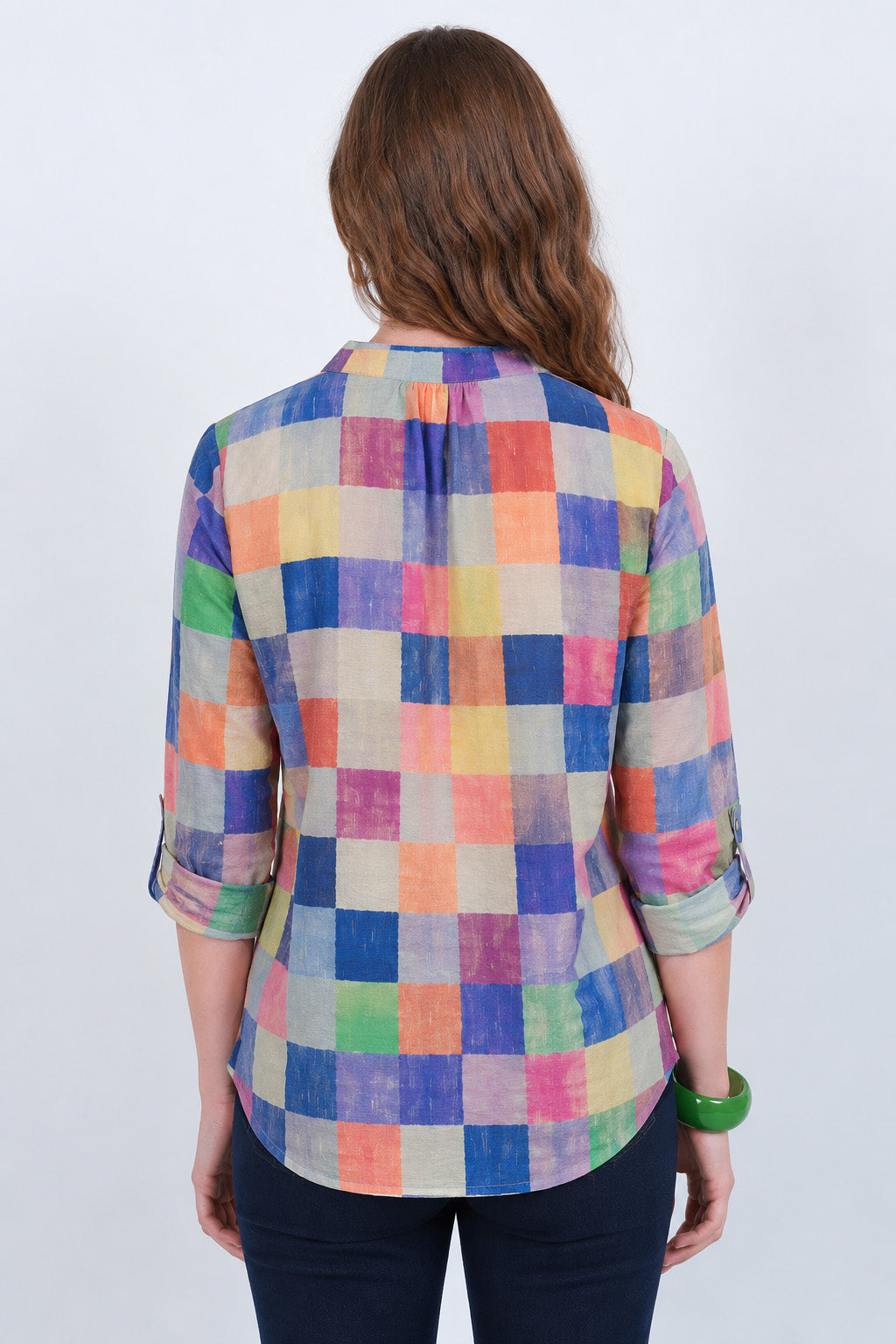 Lior Women's Colorful Checkered Pull Over Blouse With Roll Tab Sleeves  - "JOELLE"