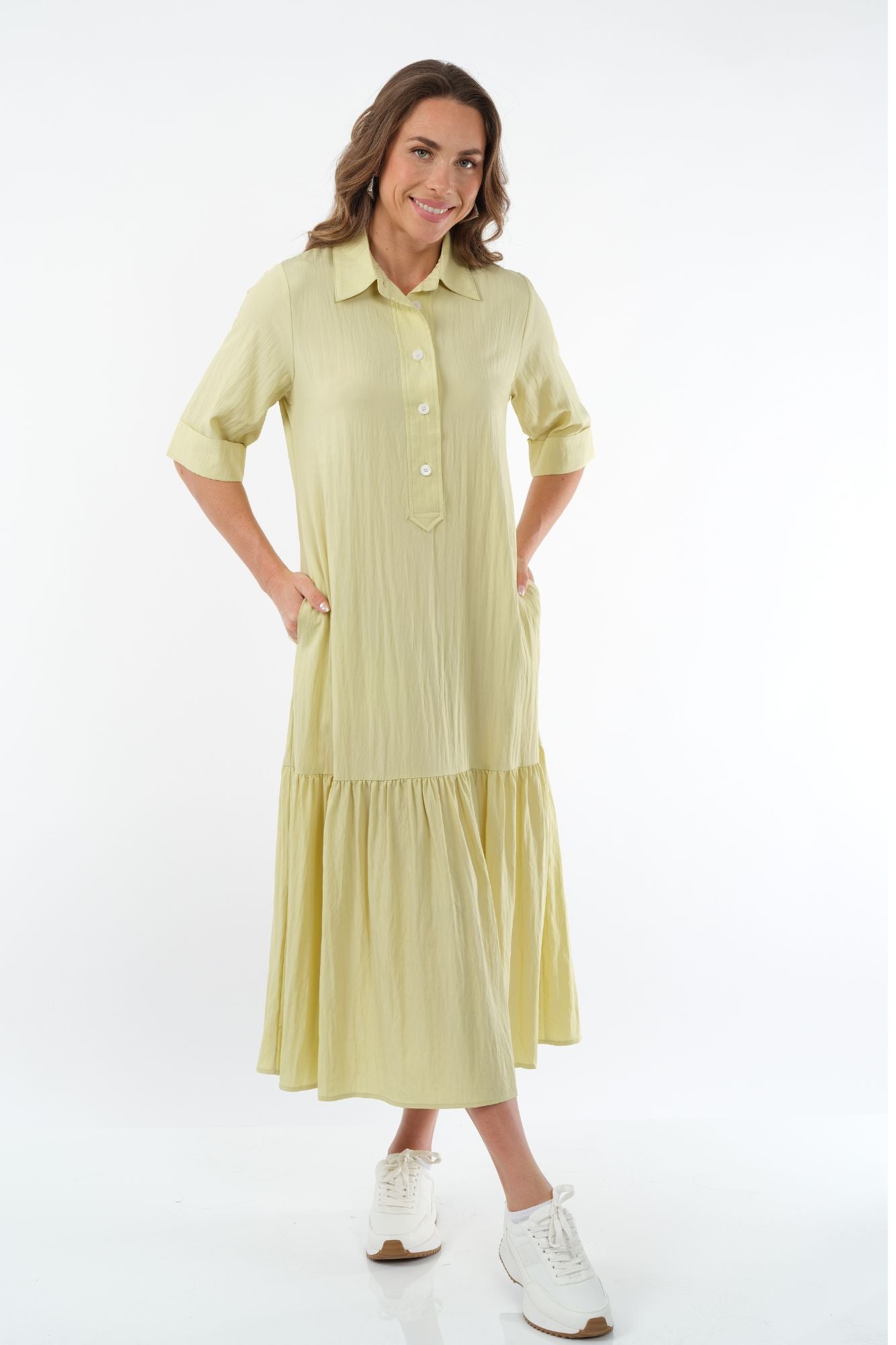 LIOR Women's Long Collar Lime Dress With Button V-Neck - "Vega"