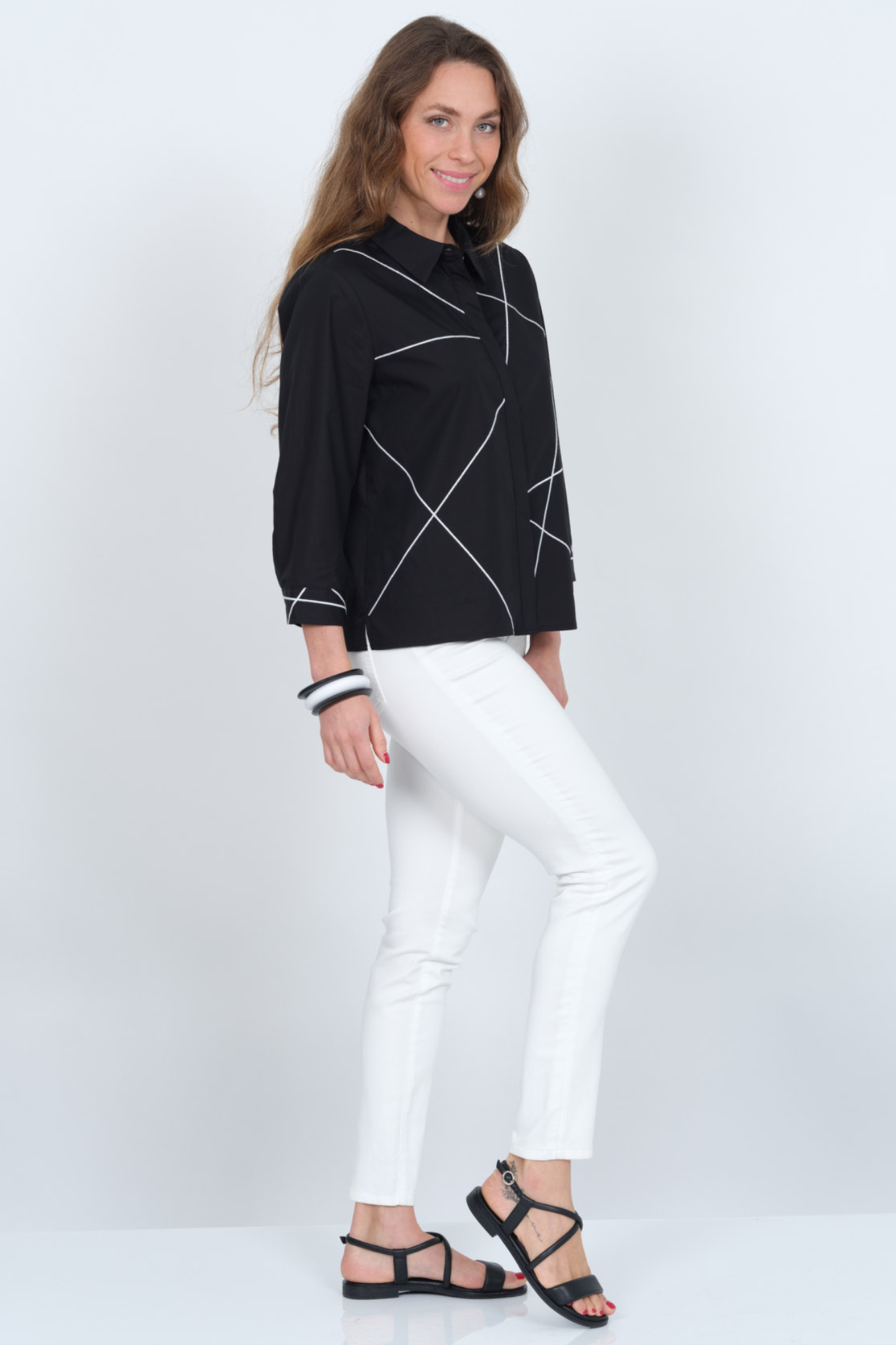 LIOR Women's Cotton Collar Black Shirt Blouse 3/4 Sleeves - "Elaine"