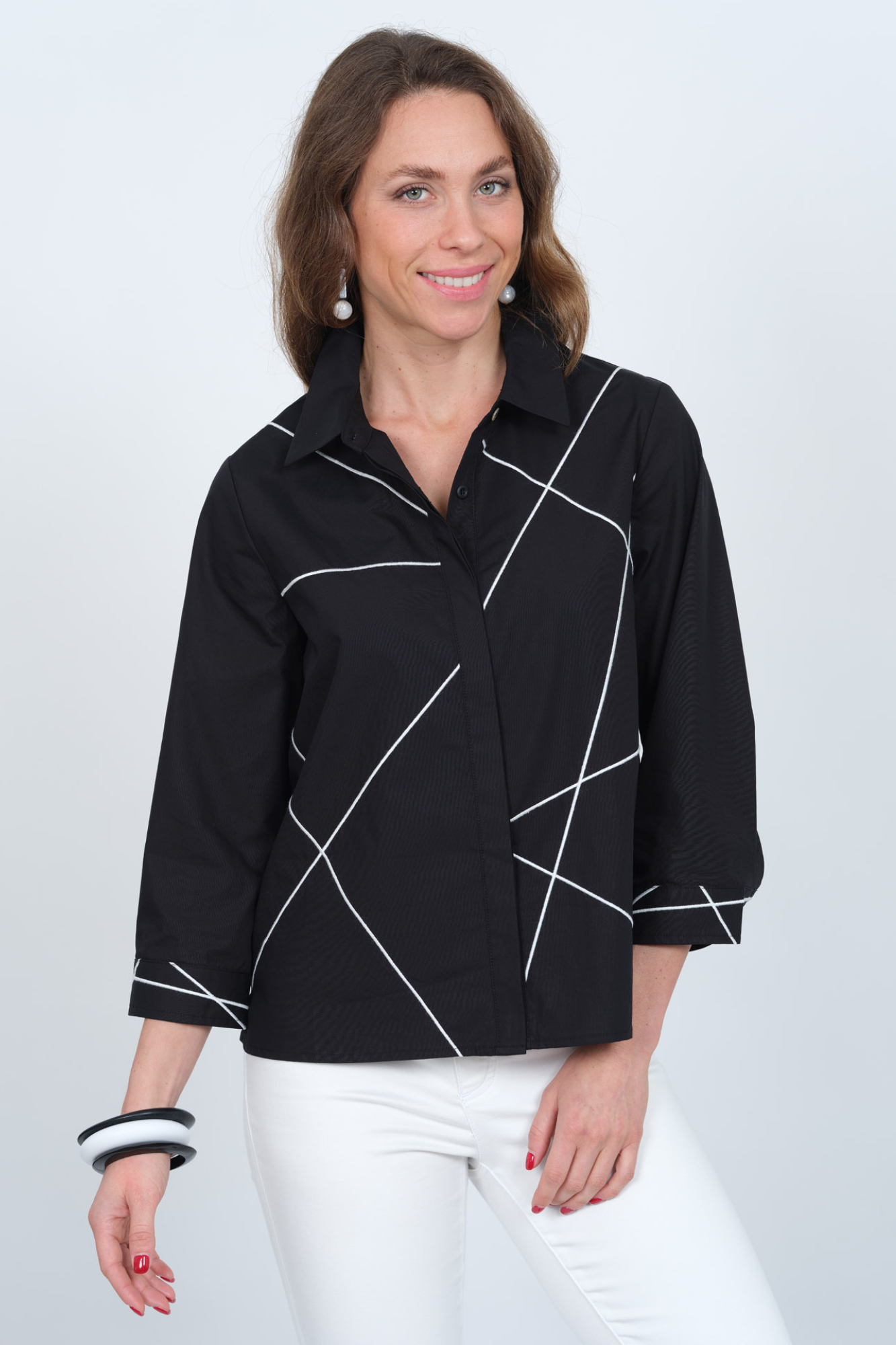 LIOR Women's Cotton Collar Black Shirt Blouse 3/4 Sleeves - "Elaine"