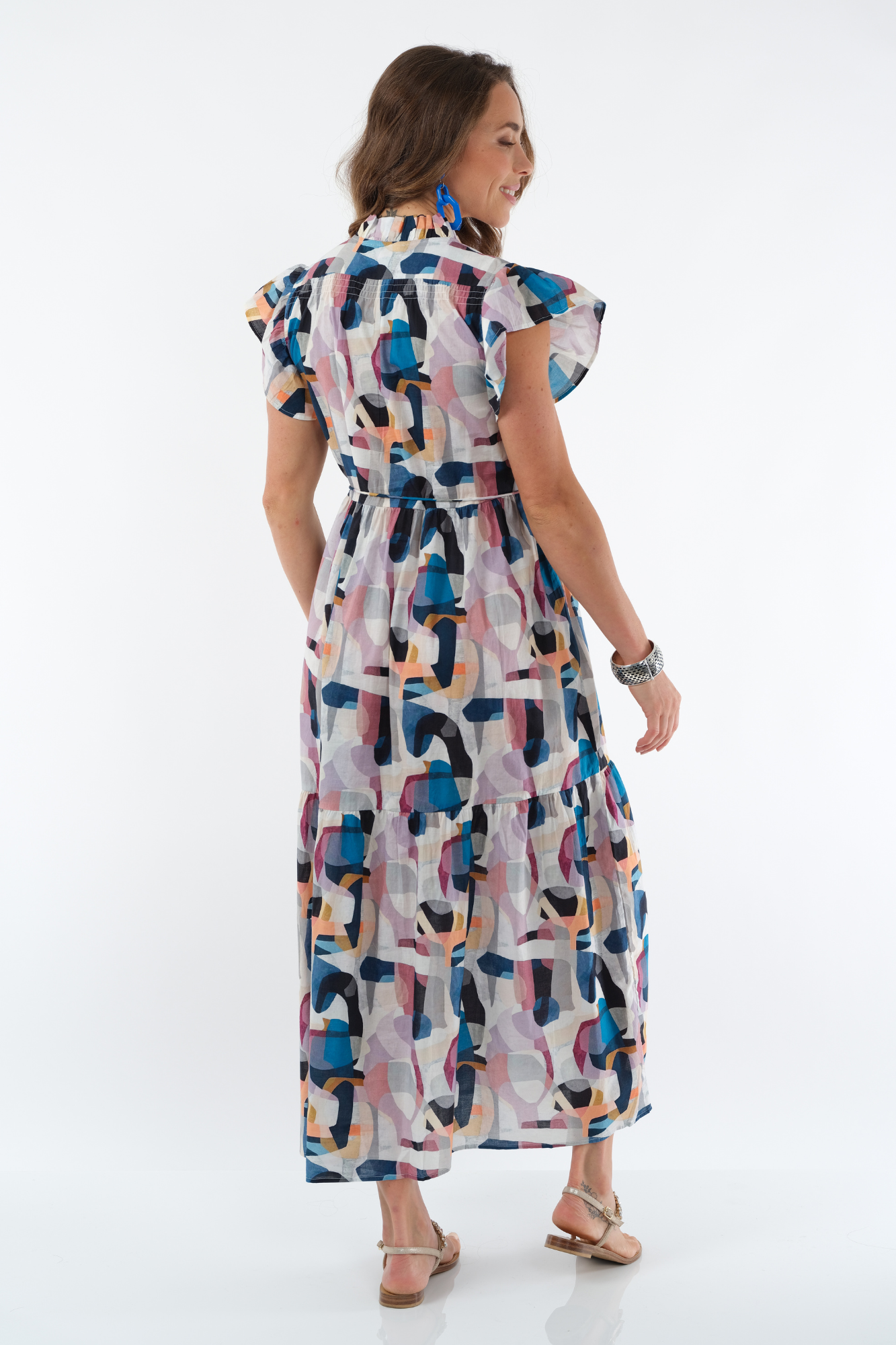 LIOR Women's Long Dress With Short Sleeves Multi Abstract Print - "Sophiya"