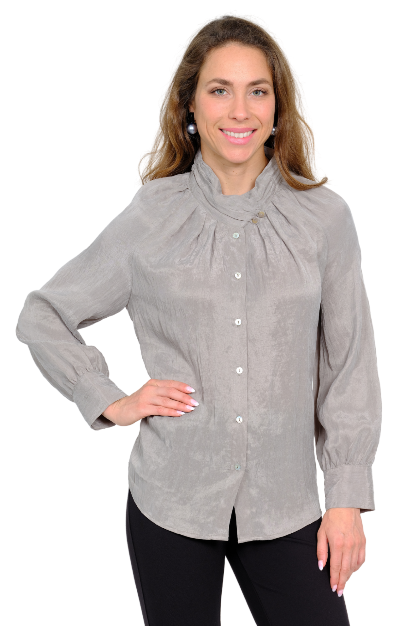 LIOR Women's Elegant Pleated Collar Blouse In Satin Feel Fabric-"Charm"
