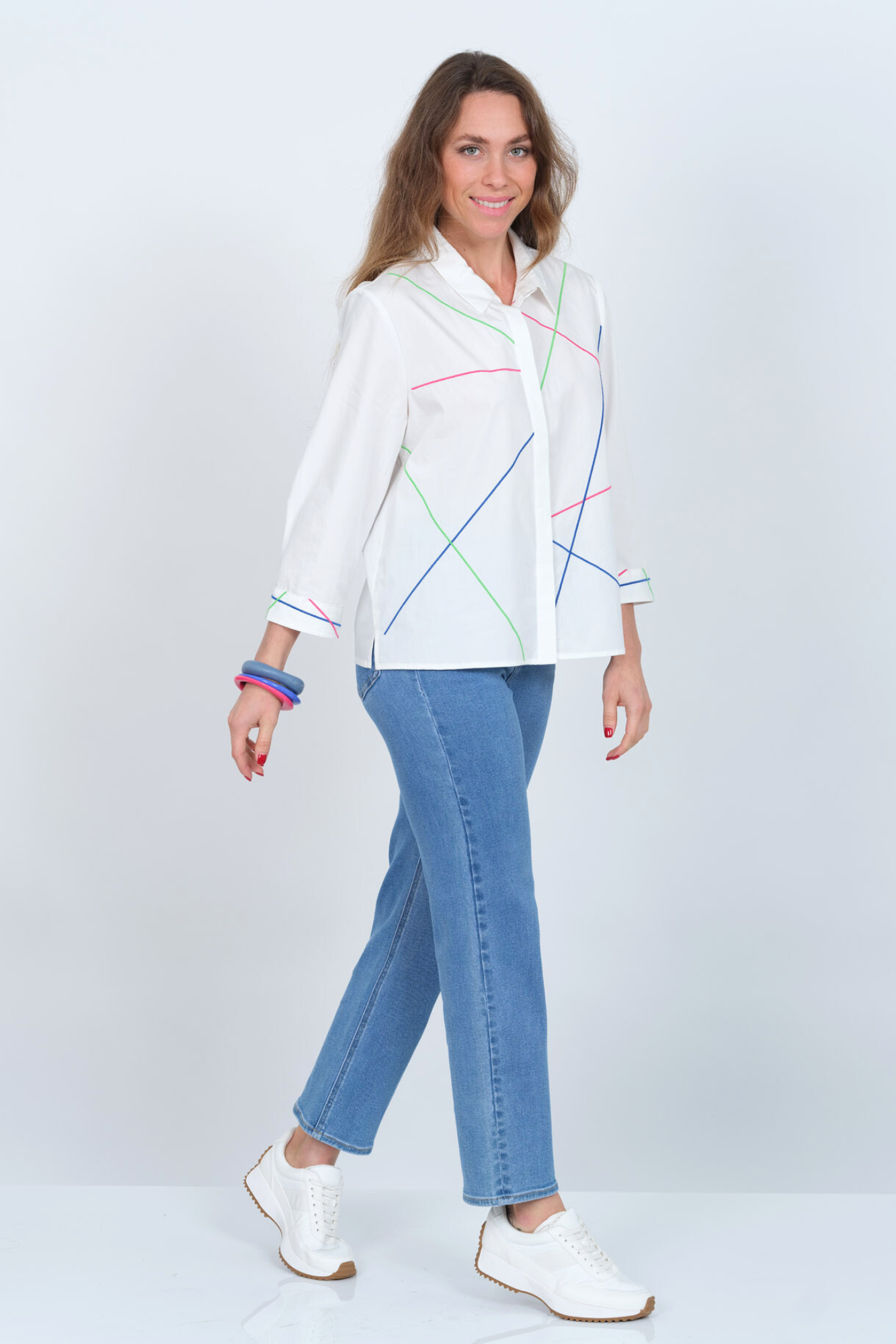 LIOR Women's Cotton Collar White Rainbow Striped Shirt Blouse 3/4 Sleeves - "Elaine"