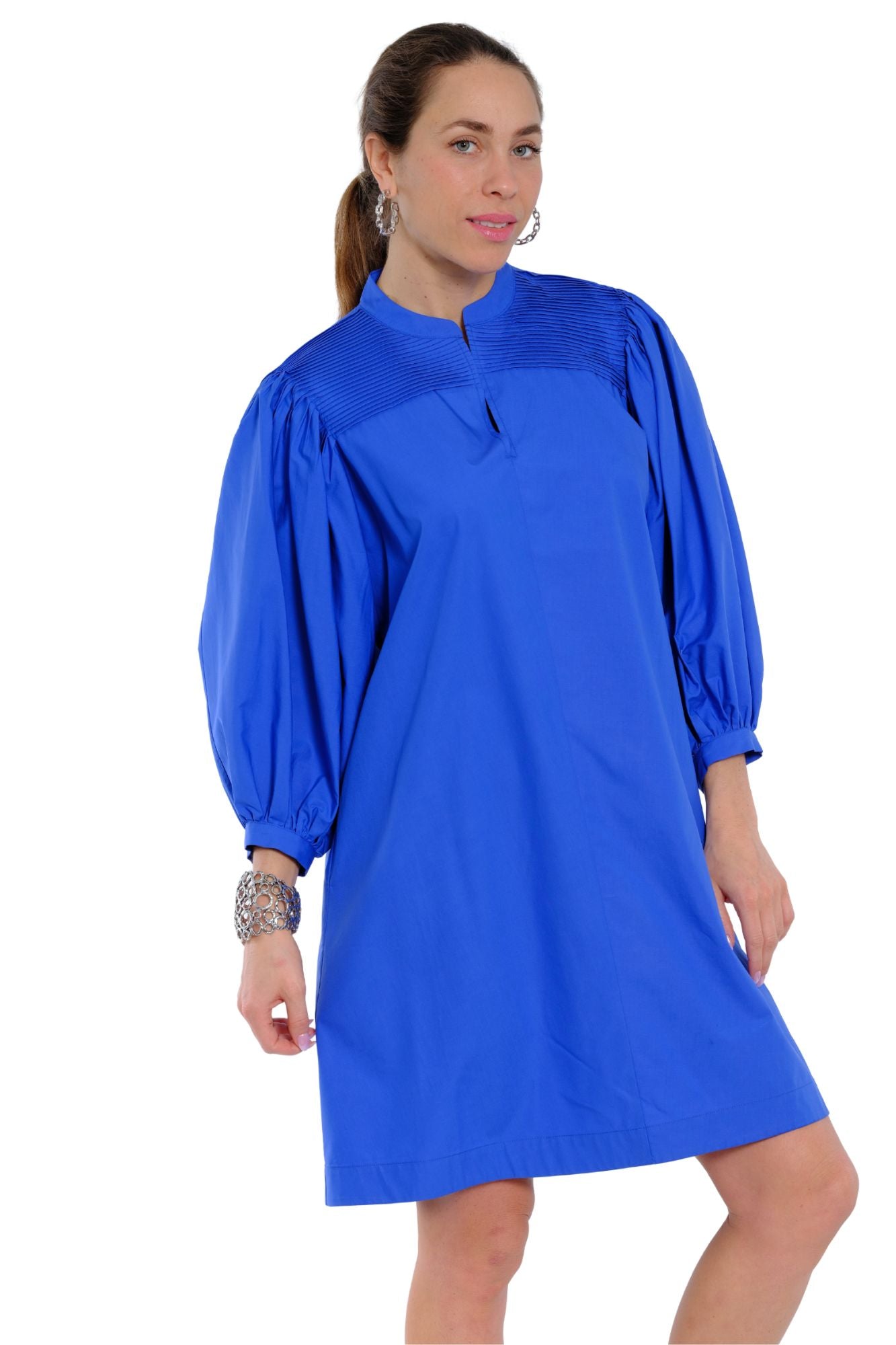 Royal blue puff sleeve shift dress for women with pleated neckline