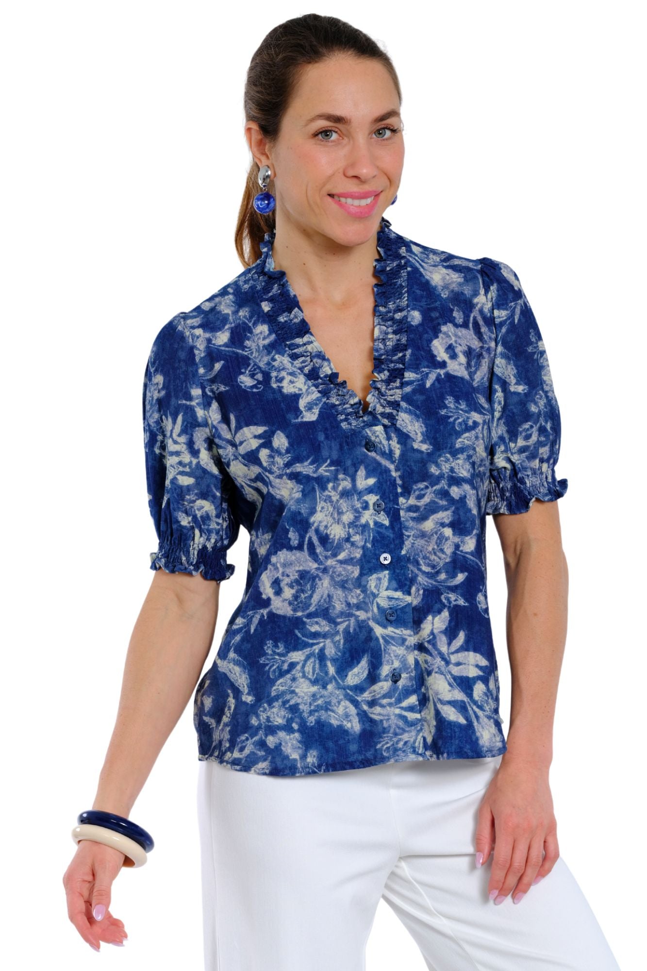 Blue floral V-neck blouse for women with short sleeves and ruffle neck