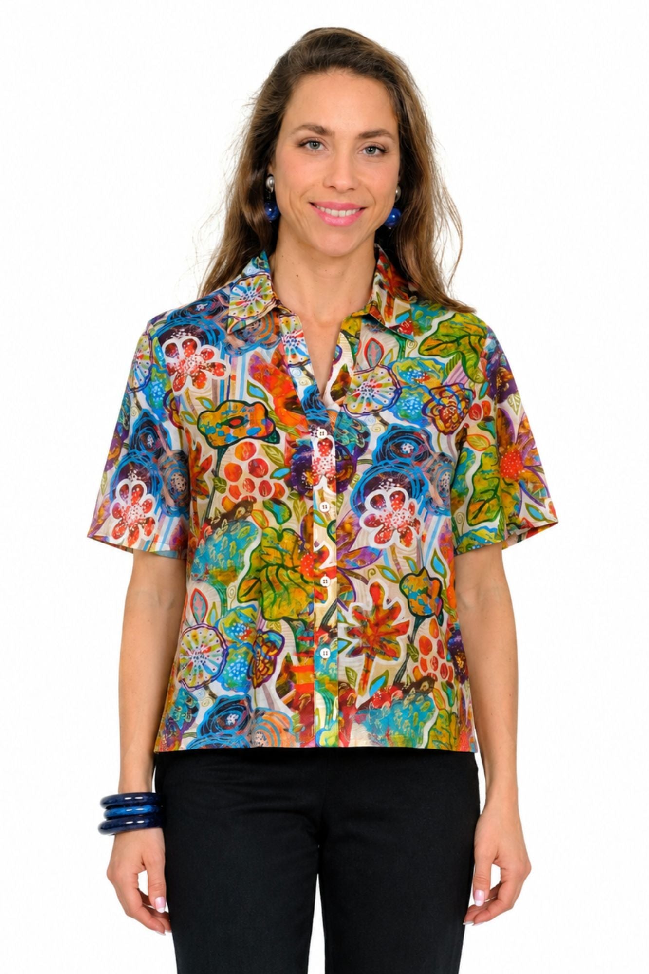 Lior Women's Floral Cotton Short Sleeve Button Front Collar Top "MIRA"