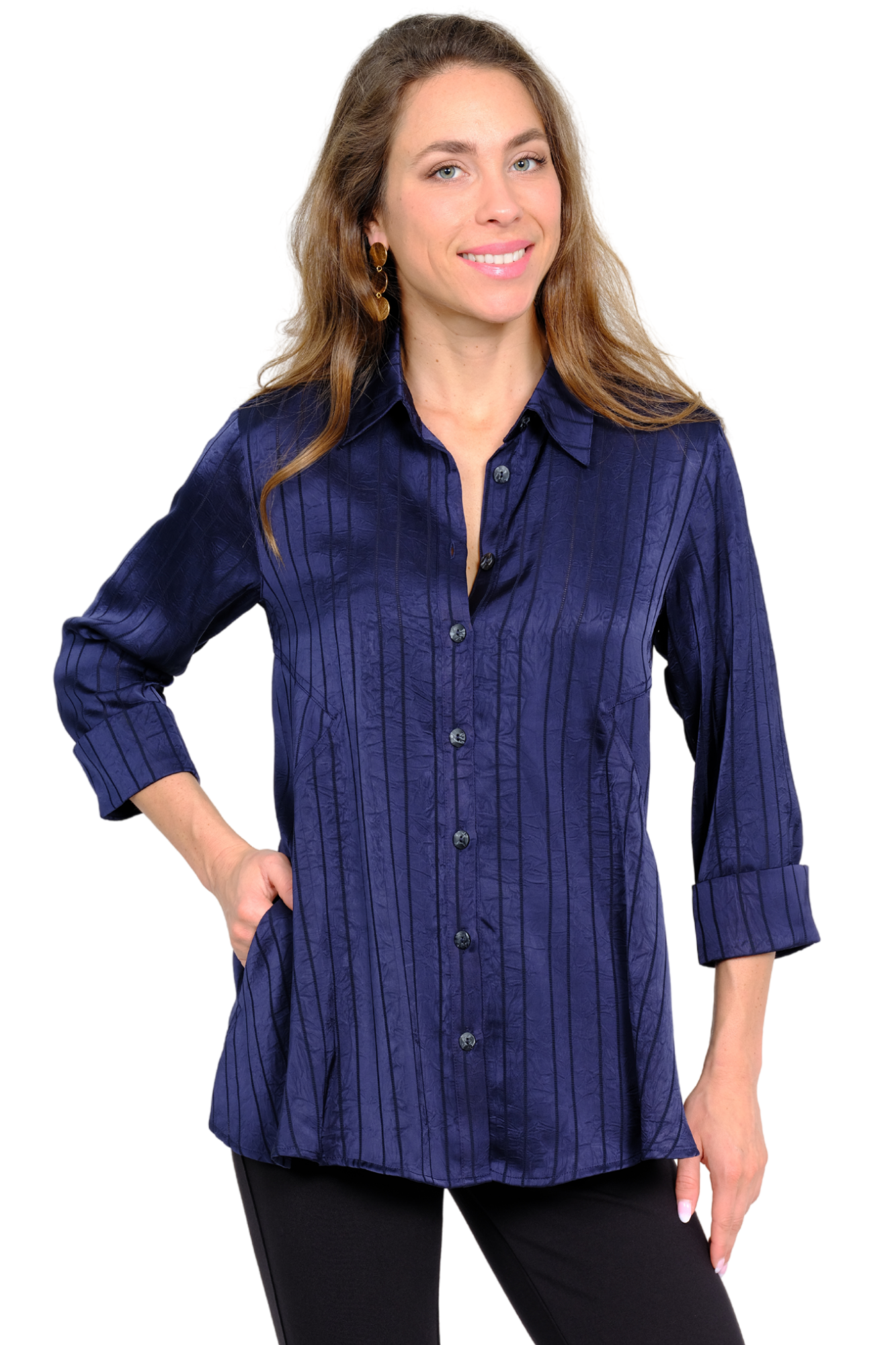 LIOR Women's 3/4 Jewel Blue Collared Tunic With Satin-Feel Button-Front - "Valor"