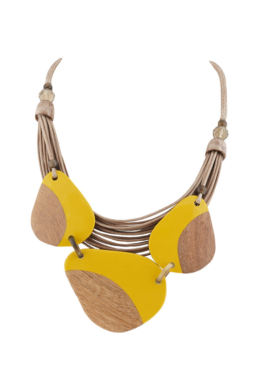 Alisha D multi Strand Cord with slice wood and yellow resin statement necklace