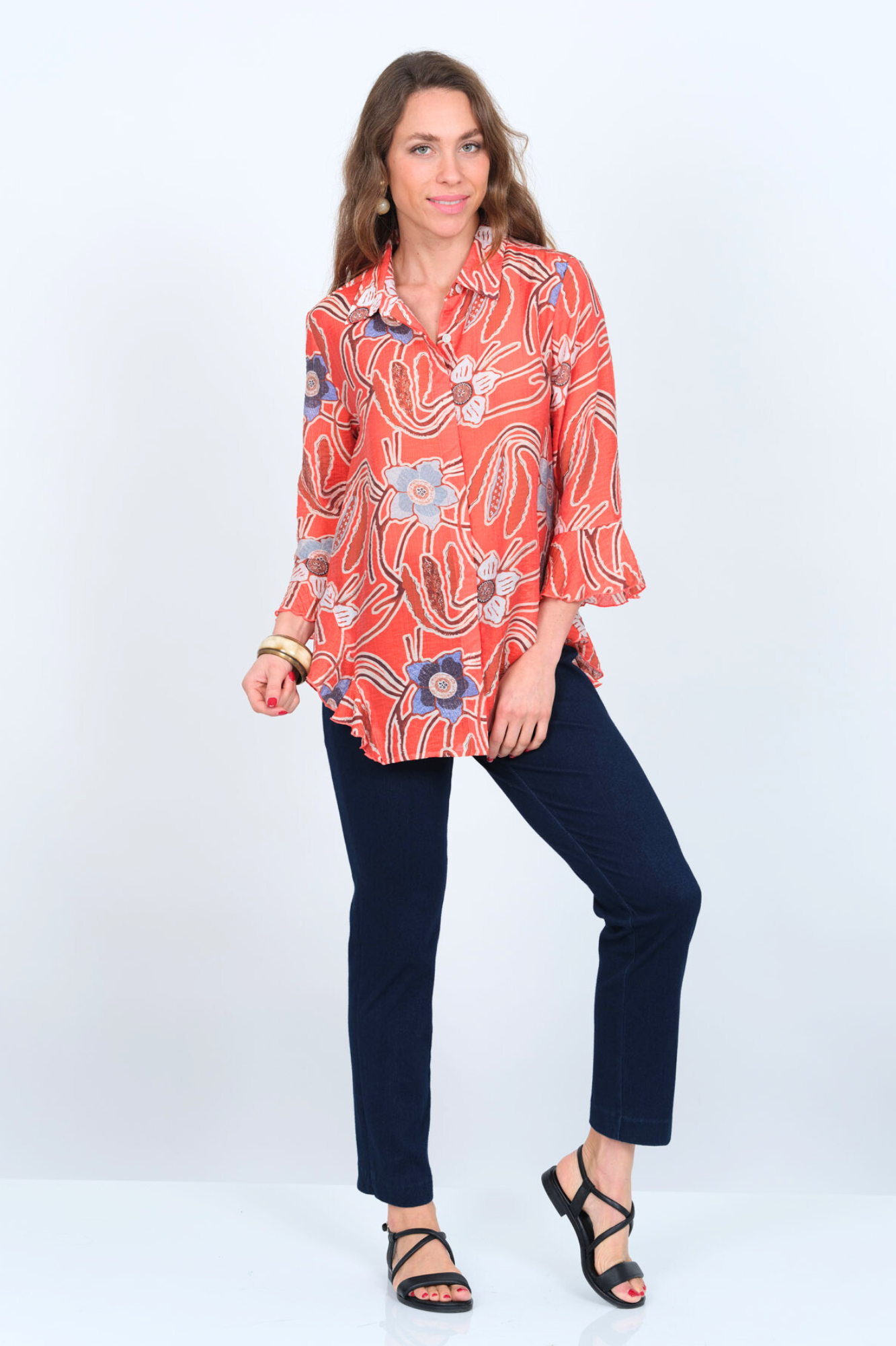 LIOR Women's Orange Floral Print Blouse With 3/4 Flowy Sleeves & Side Flounce - "Happy"