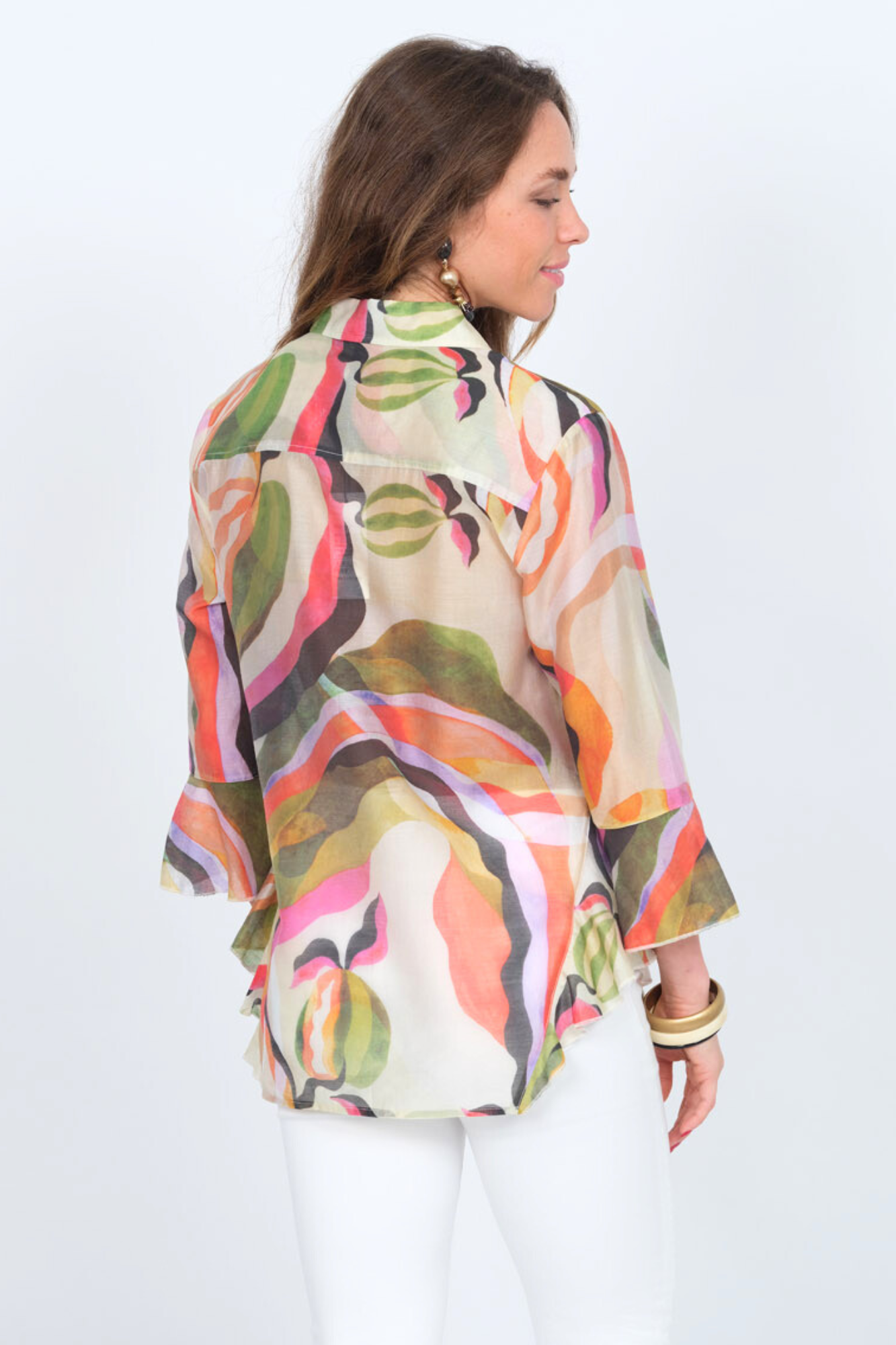 LIOR Women's Pink Multi Print Blouse With 3/4 Flowy Sleeves & Side Flounce - "Happy"