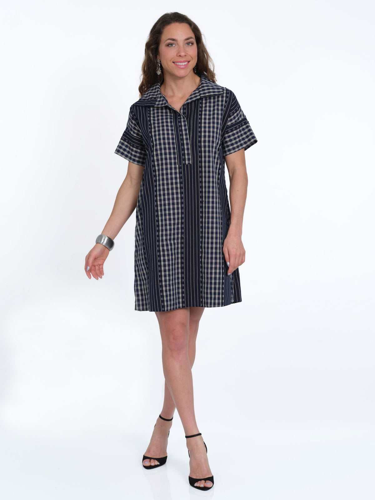 Women's Navy & Black Plaid Knee-Length Dress with Roll-Tab Sleeves - "Agnes'