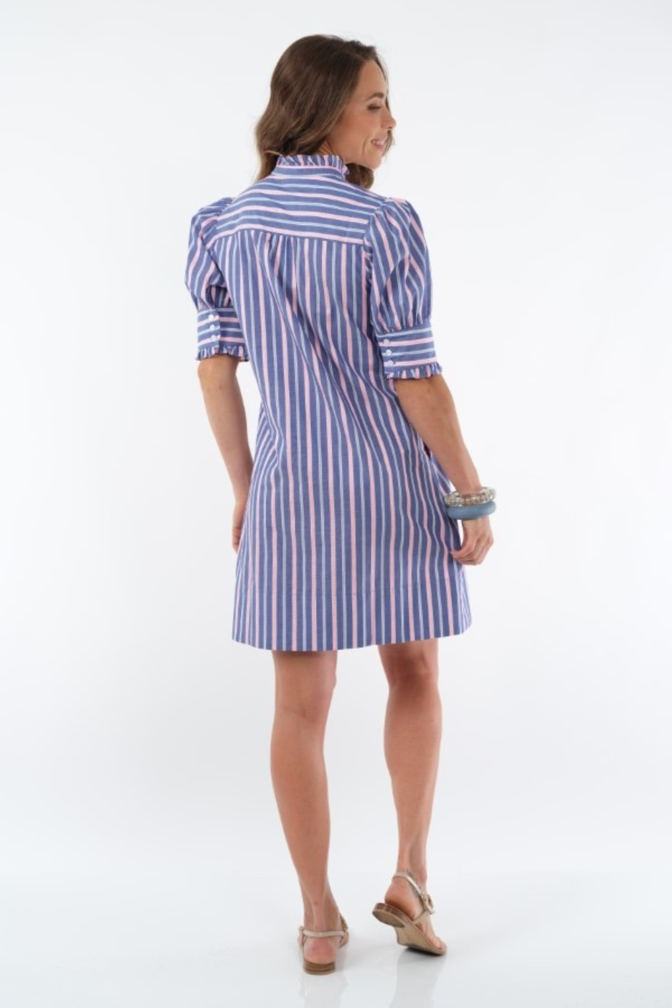 Women's Blue & Pink Ruffle Neck Dress Knee Length - "Dai"