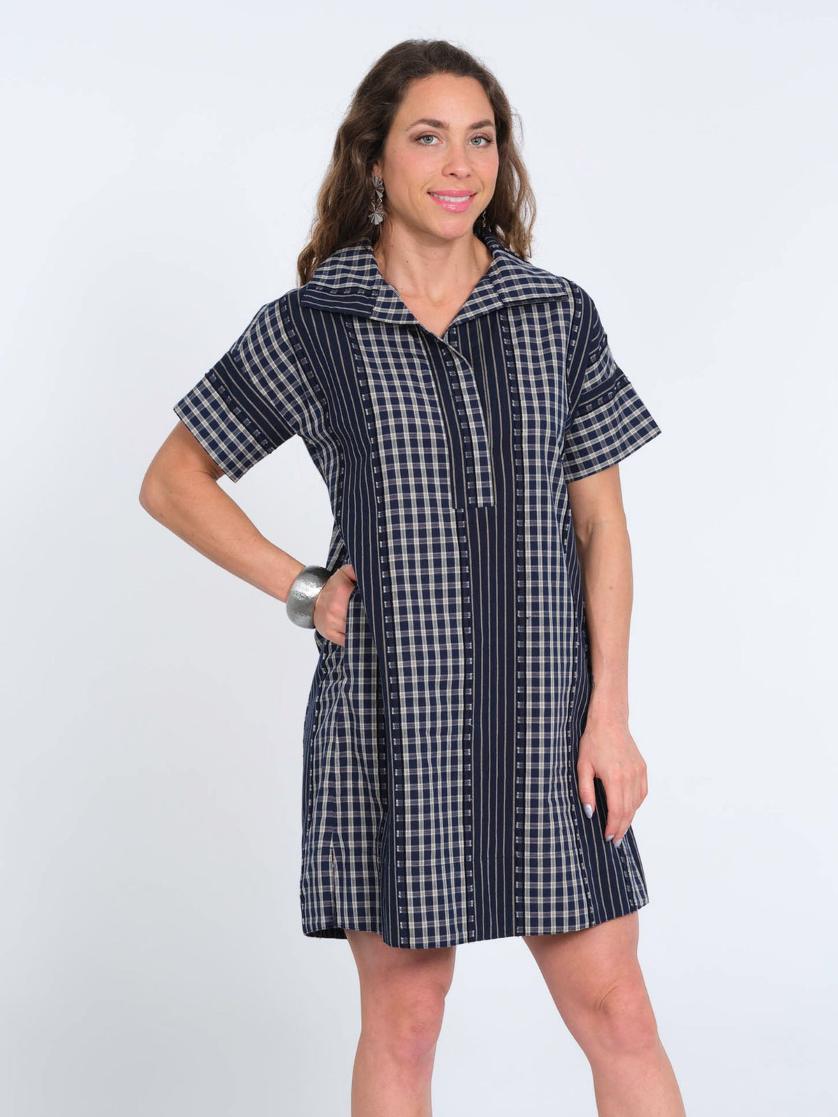 Women's Navy & Black Plaid Knee-Length Dress with Roll-Tab Sleeves - "Agnes'