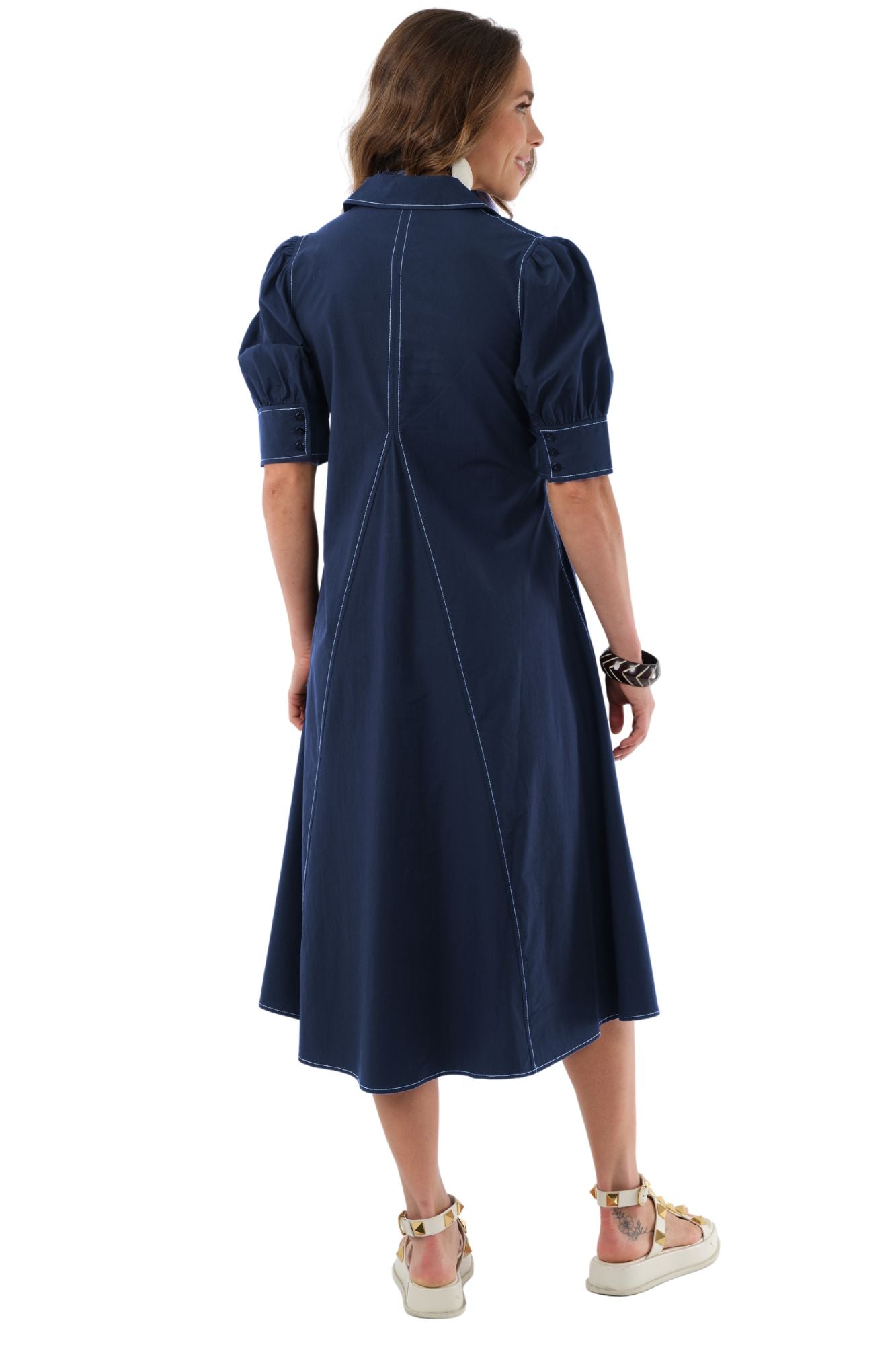 LIOR Women's Navy Puff Sleeve Pointed Collar Dress –  Midi Statement Dress - "Amber"