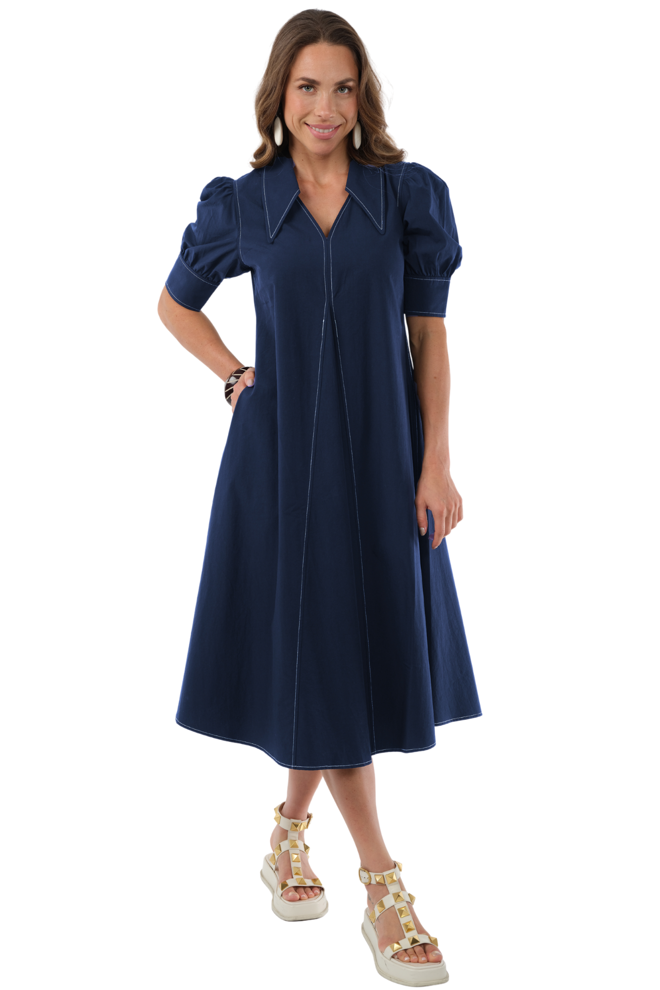 LIOR Women's Navy Puff Sleeve Pointed Collar Dress –  Midi Statement Dress - "Amber"