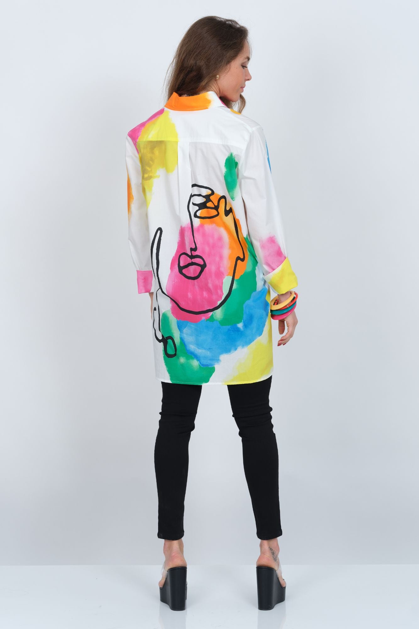 Lior Women's Cotton Abstract Face Print Button Down Long  Shirt - "RIO"