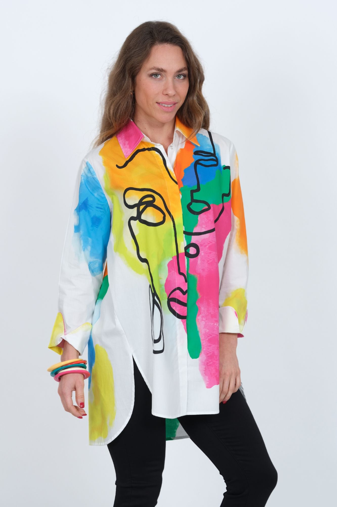 Lior Women's Cotton Abstract Face Print Button Down Long  Shirt - "RIO"