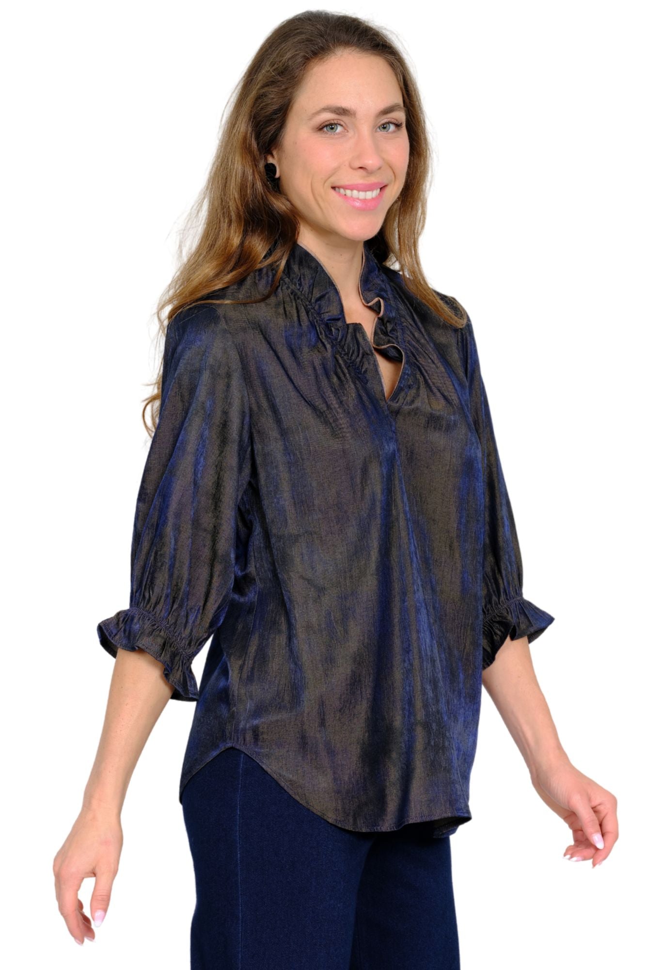 LIOR Women's Navy Shimmer Ruffle Neck 3/4 Sleeve Blouse - "Hailey"