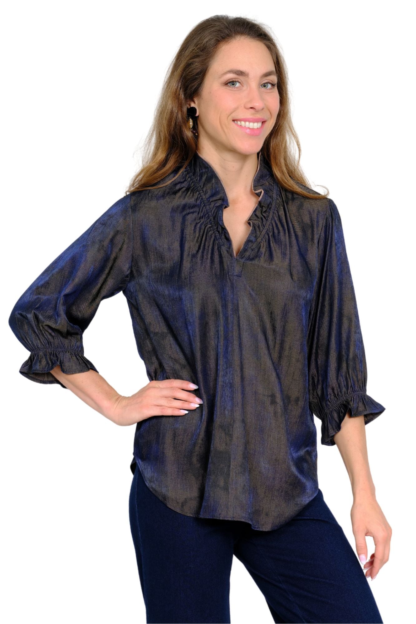 LIOR Women's Navy Shimmer Ruffle Neck 3/4 Sleeve Blouse - "Hailey"