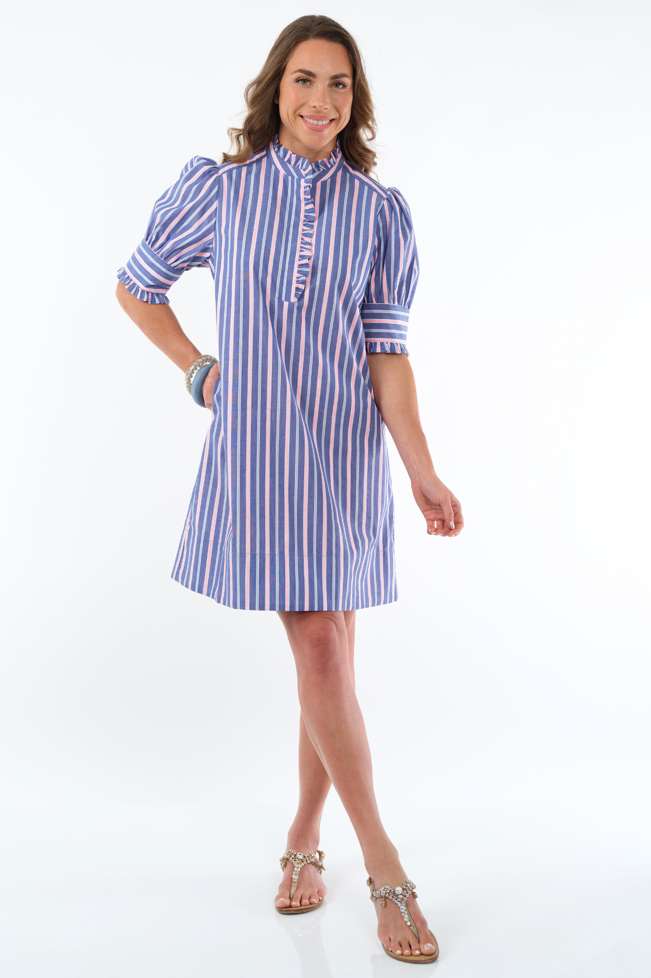 Women's Blue & Pink Ruffle Neck Dress Knee Length - "Dai"