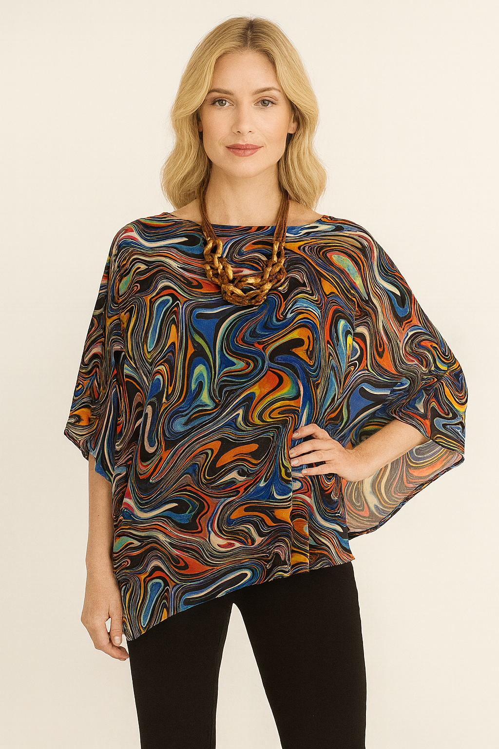 Lior Jewel Neck Draped Sleeve Layered Cape Top Multi Swirl Watercolor