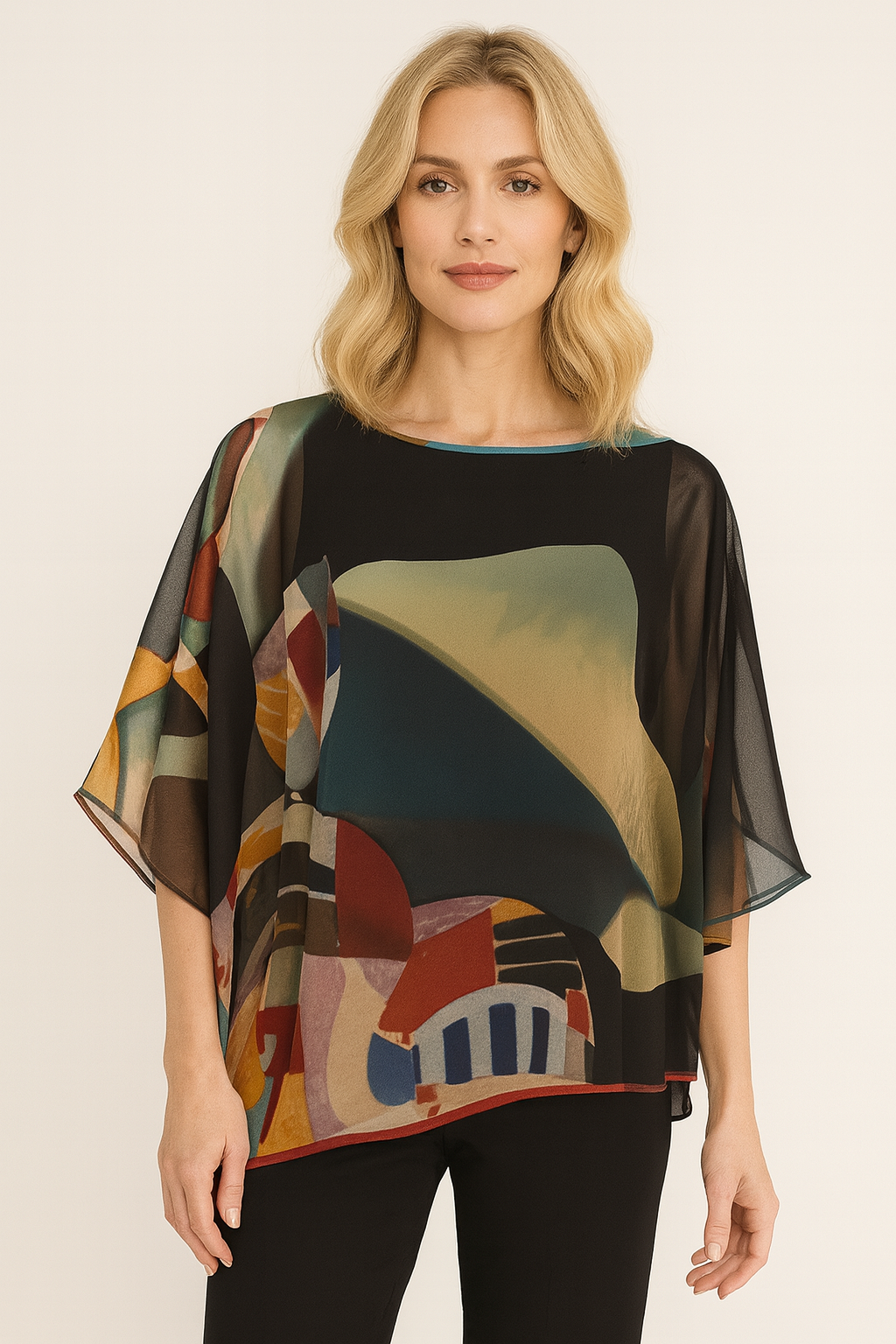 Lior Jewel Neck Draped Sleeve Layered Cape Top Abstract