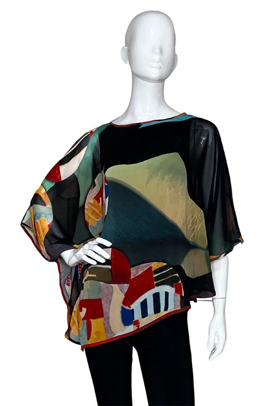Lior Jewel Neck Draped Sleeve Layered Cape Top Abstract