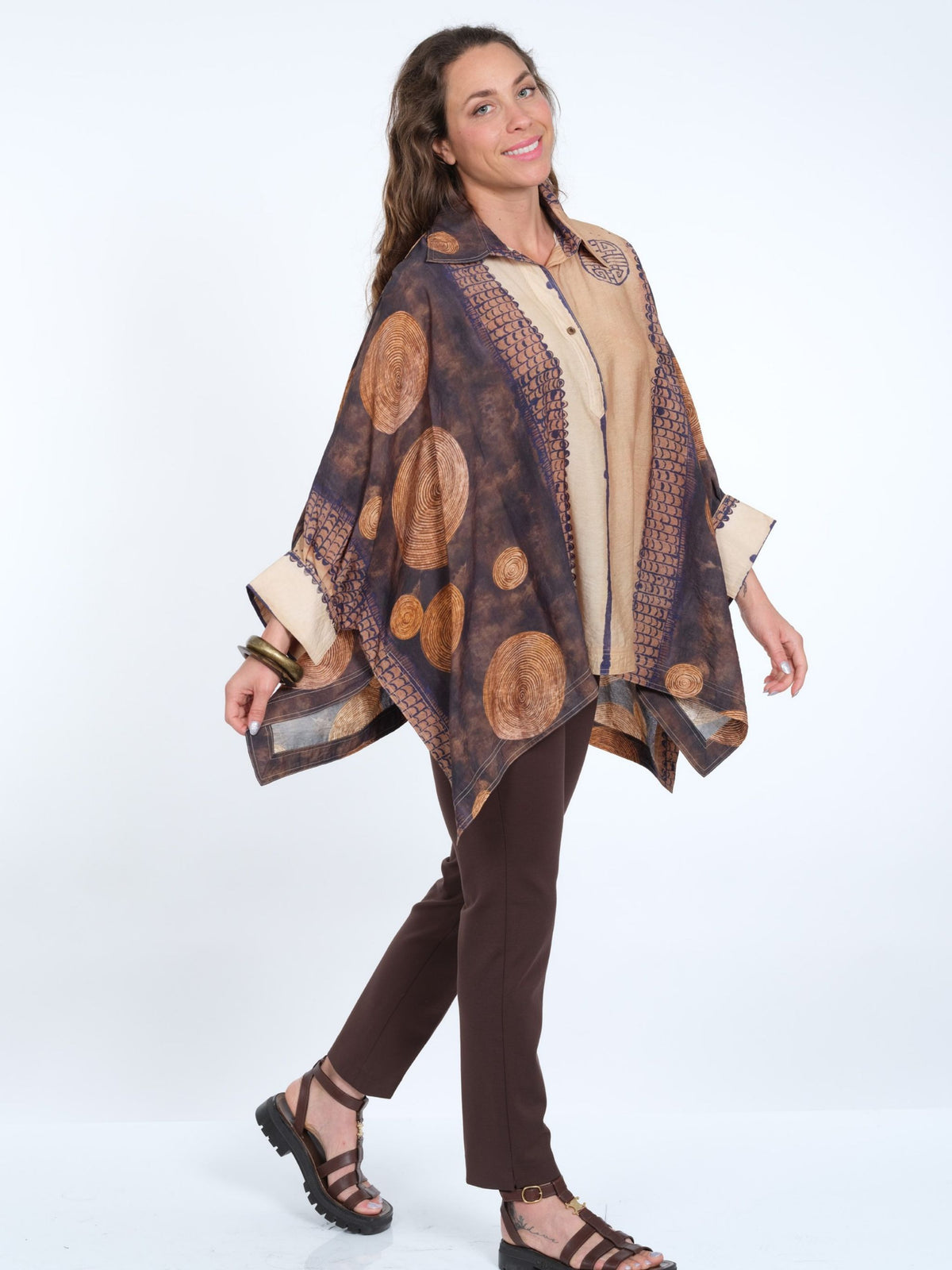 Women's Earth Brown Geometric Print One Size Collared Handkerchief Tunic - Flowy & Fits All - "S128"