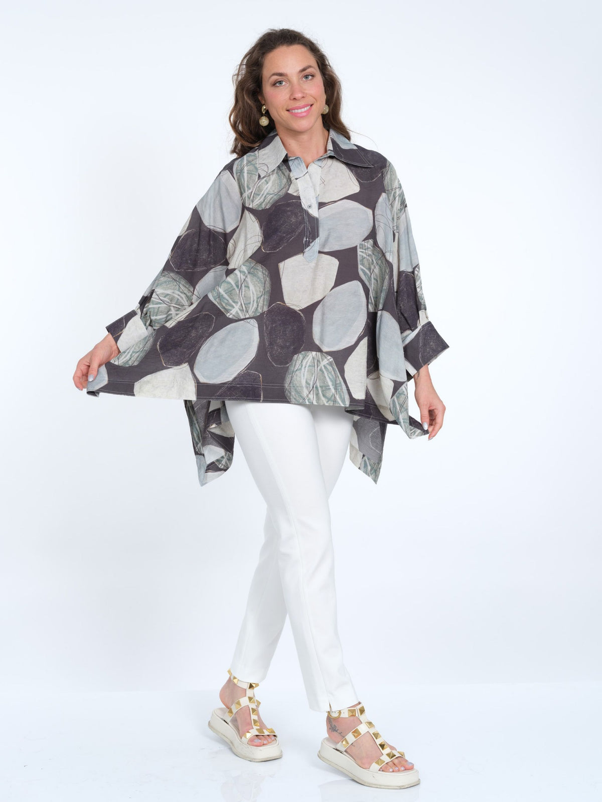 Women's Taupe & Beige Mosaic Print One Size Collar Tunic Top - Flowy & Fits All - "S128"