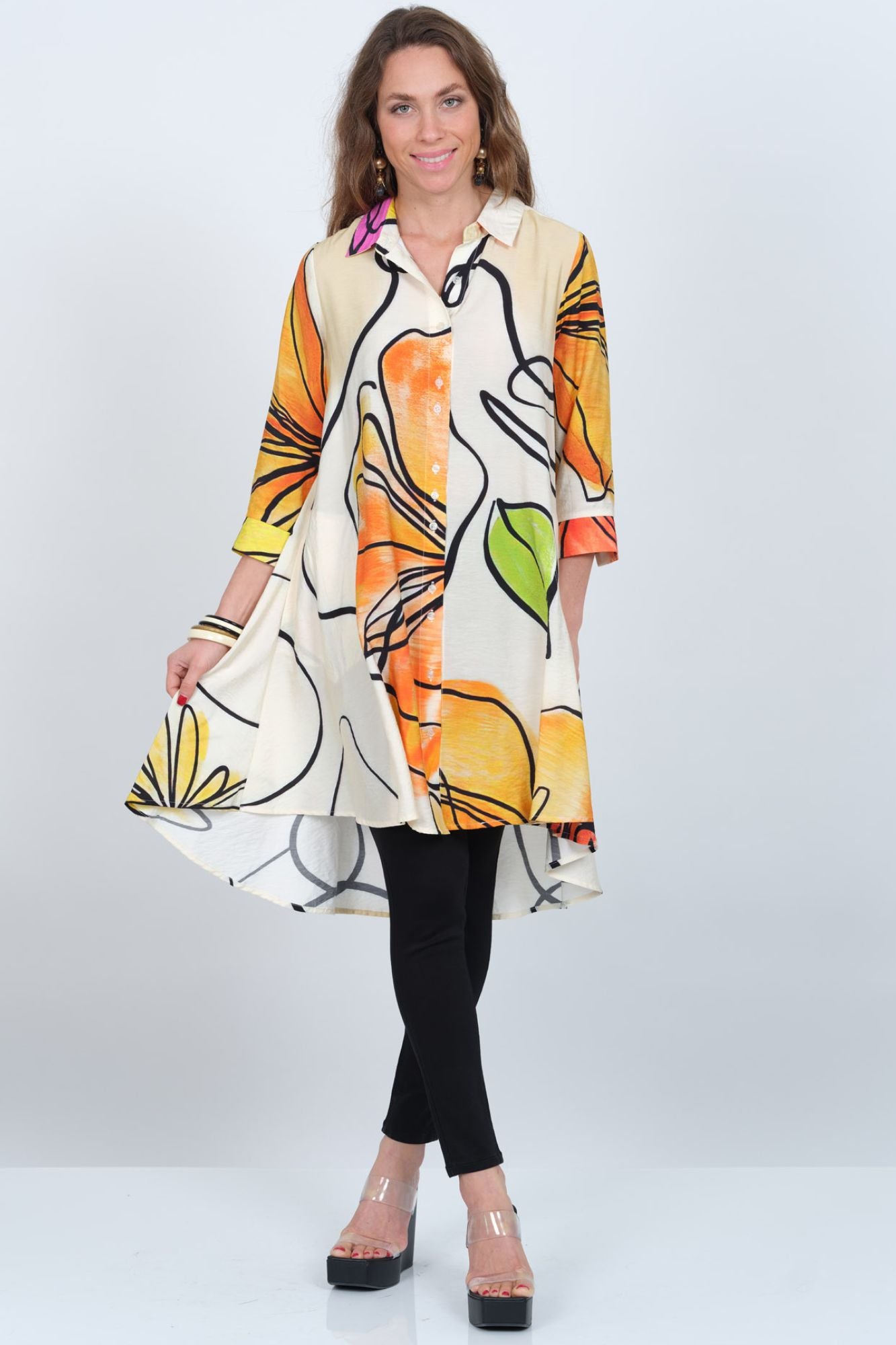 LIOR Women's Shirt Dress Button Front In Abstract Leaf Print -"S135"