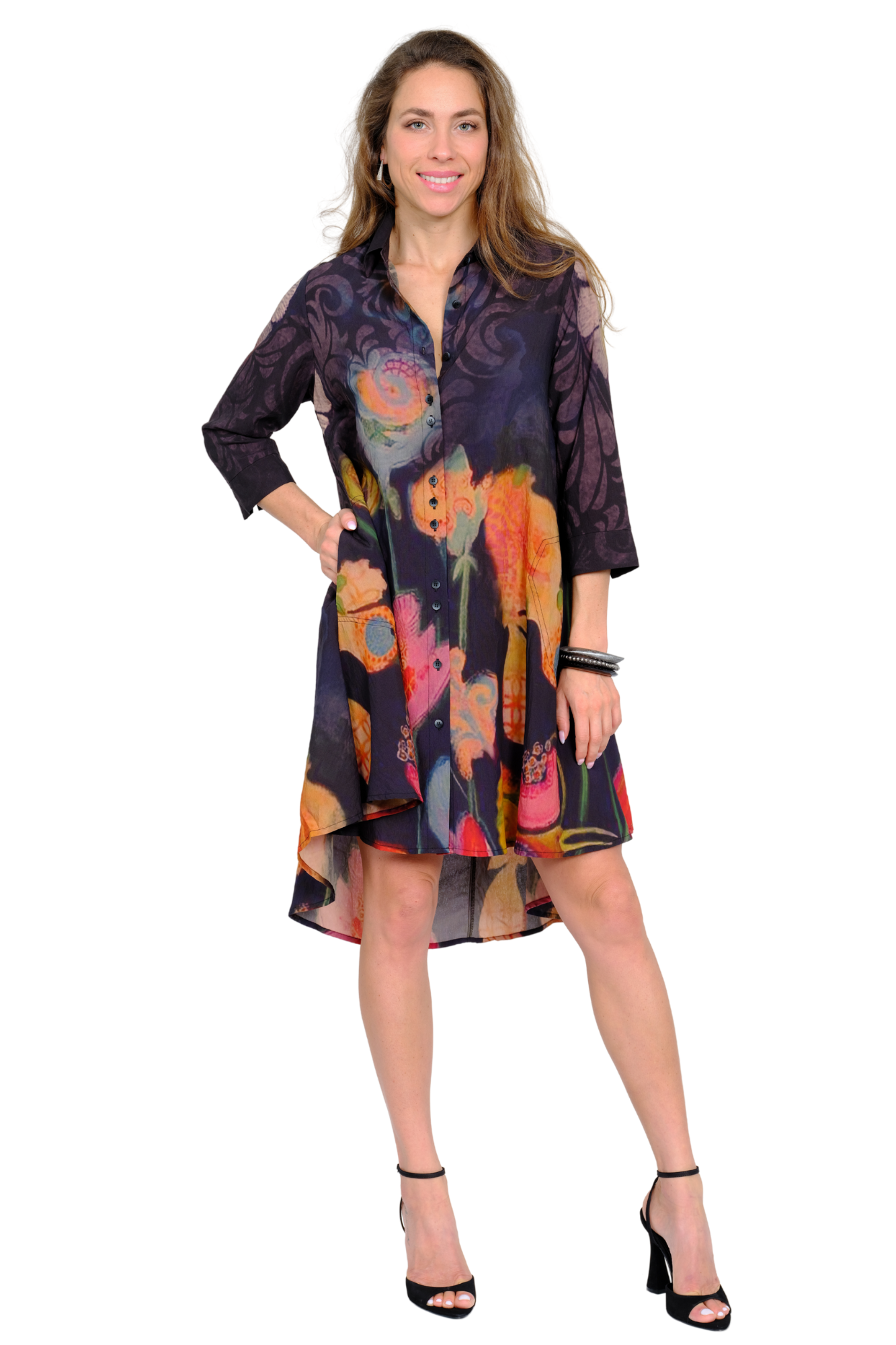 LIOR Women's Floral Button Front Shirt Dress 3/4 Sleeves - "S135"