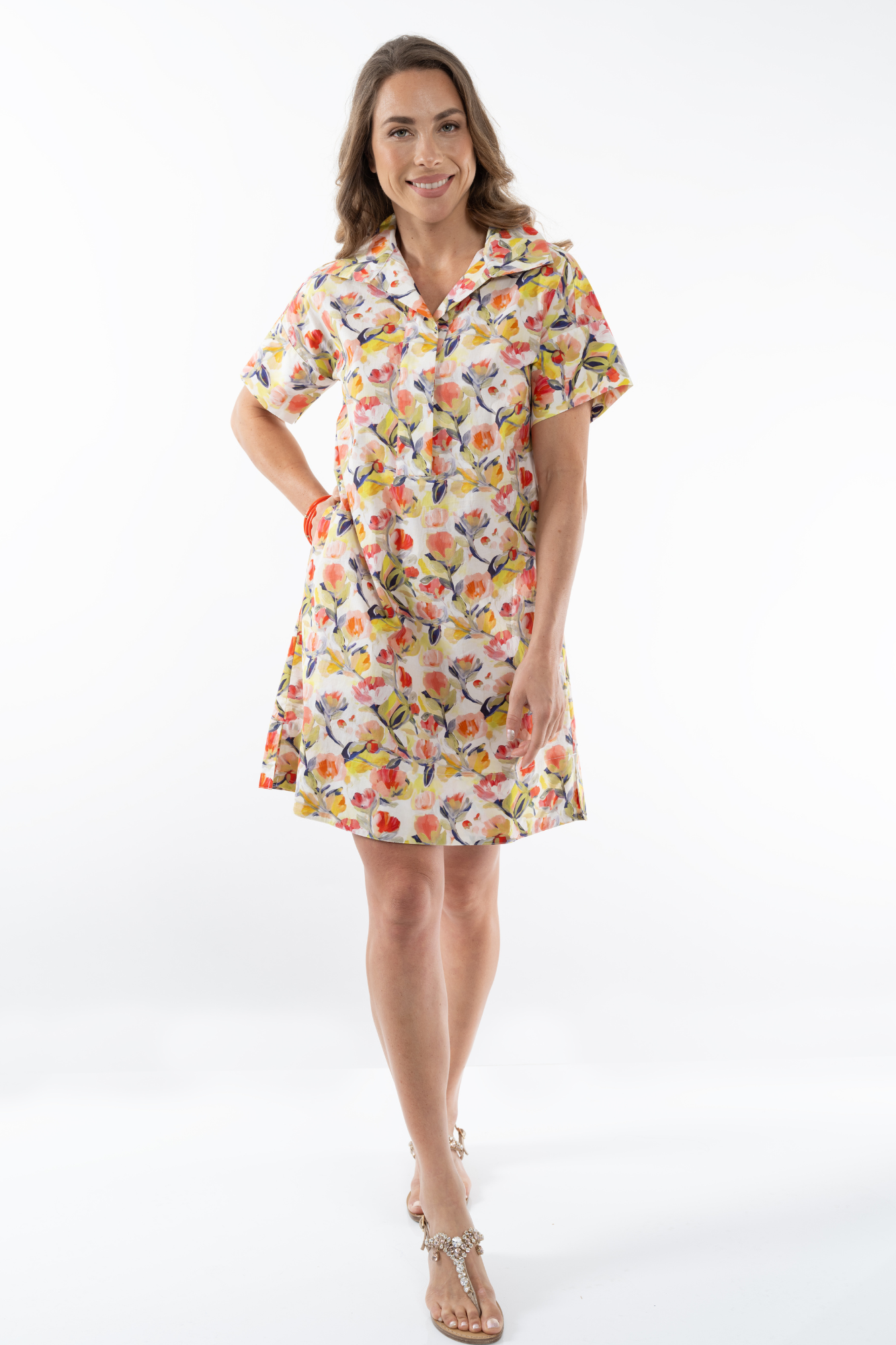 LIOR Women's Floral Short Sleeve Knee Length Dress With Collar Side Pockets - "Agnes"