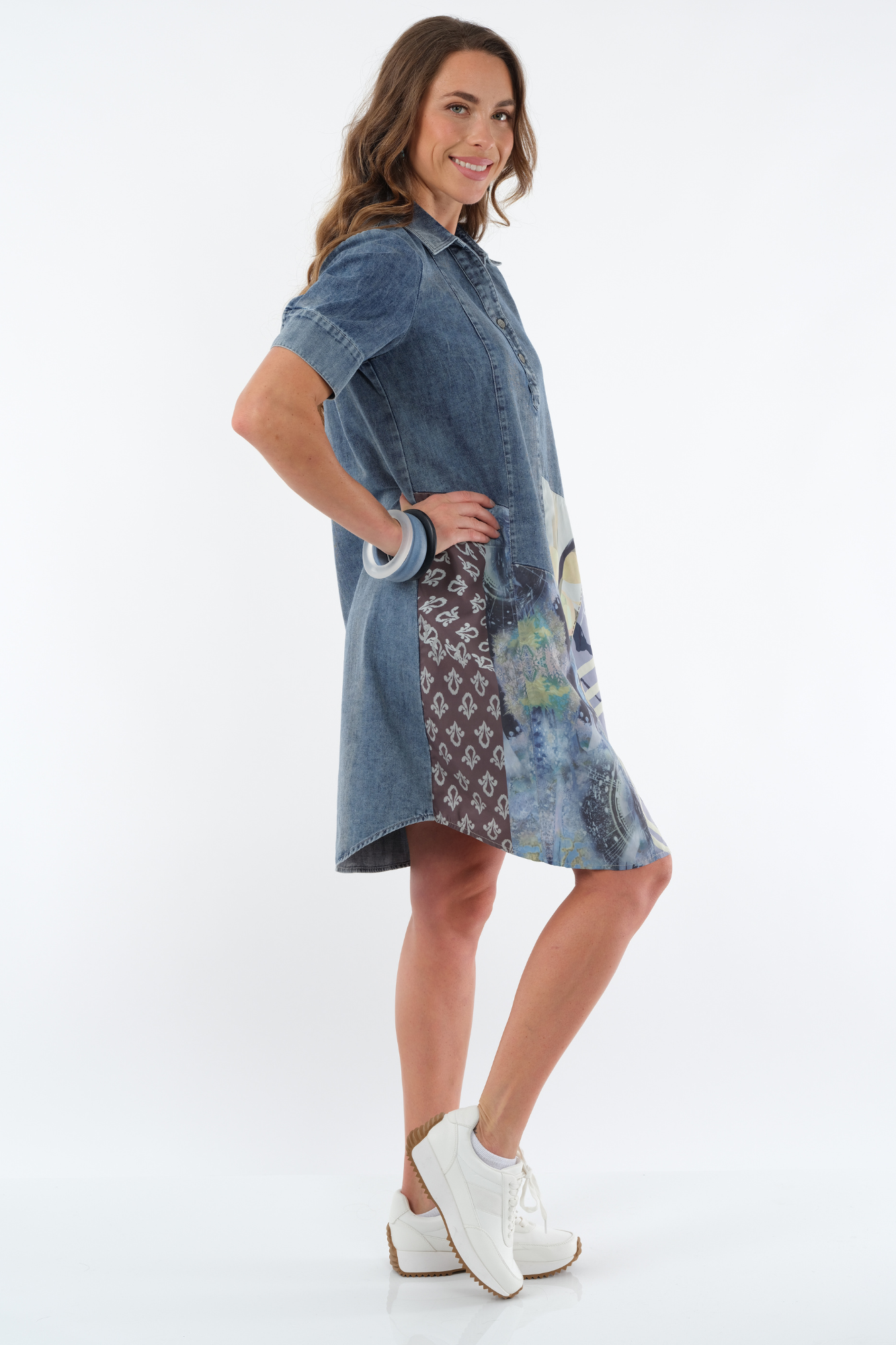 Women's Patchwork Midi Jean Short Dress  - Rina