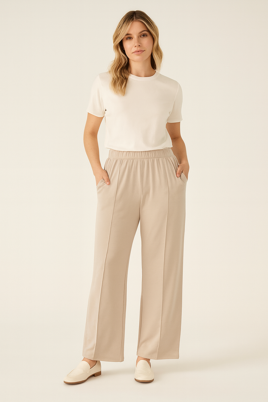 women’s sand soft-knit pull-on front-seam pant