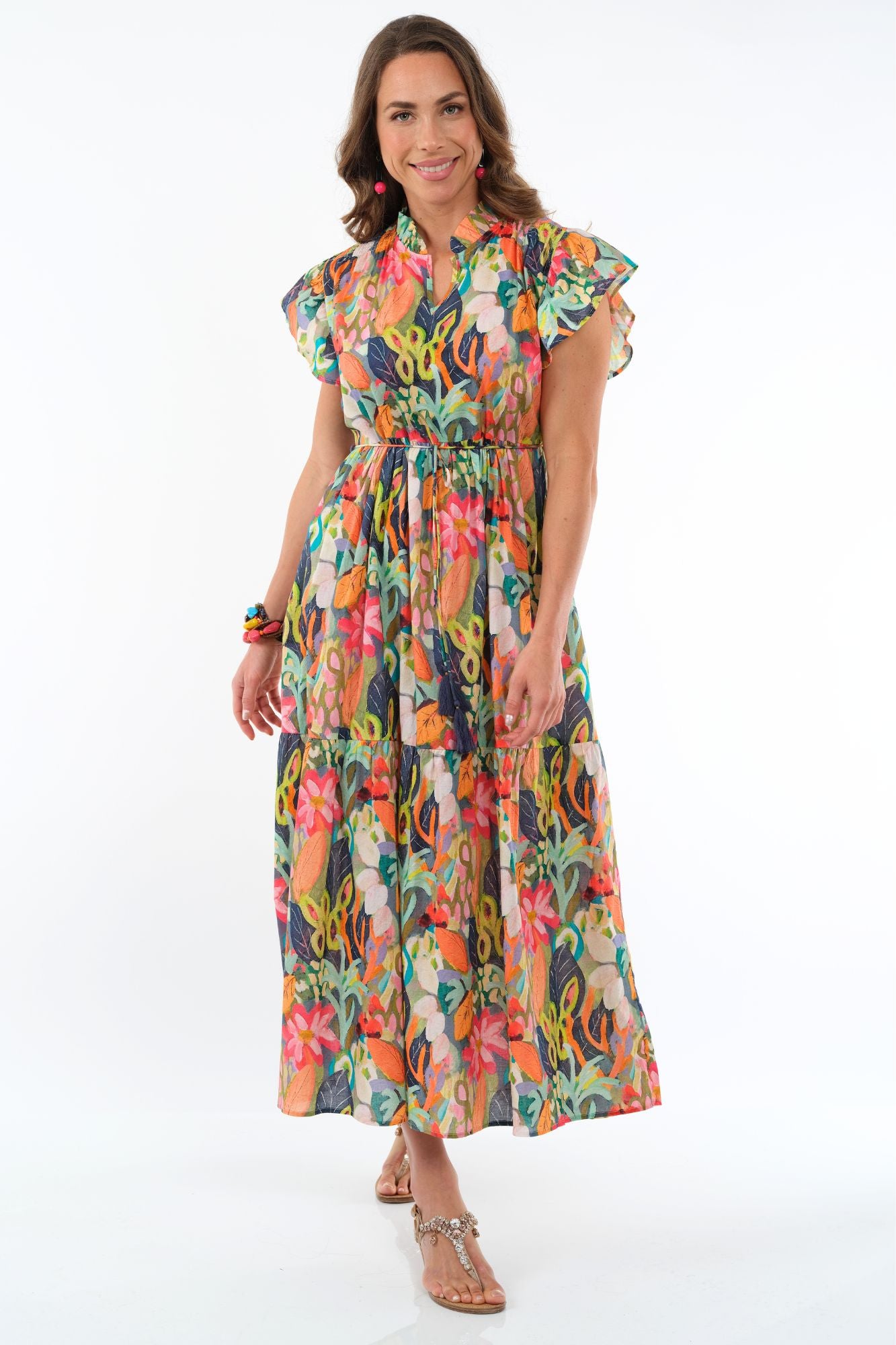 LIOR Women's Long Orange Floral Dress Tiered Hem Ruffle Neck & Short Sleeves  - "Sophiya"